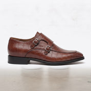 Men's Burgundy Apron-Toe Crocodile-Embossed Leather Double Monk Strap Shoes — Basildon — Basildon