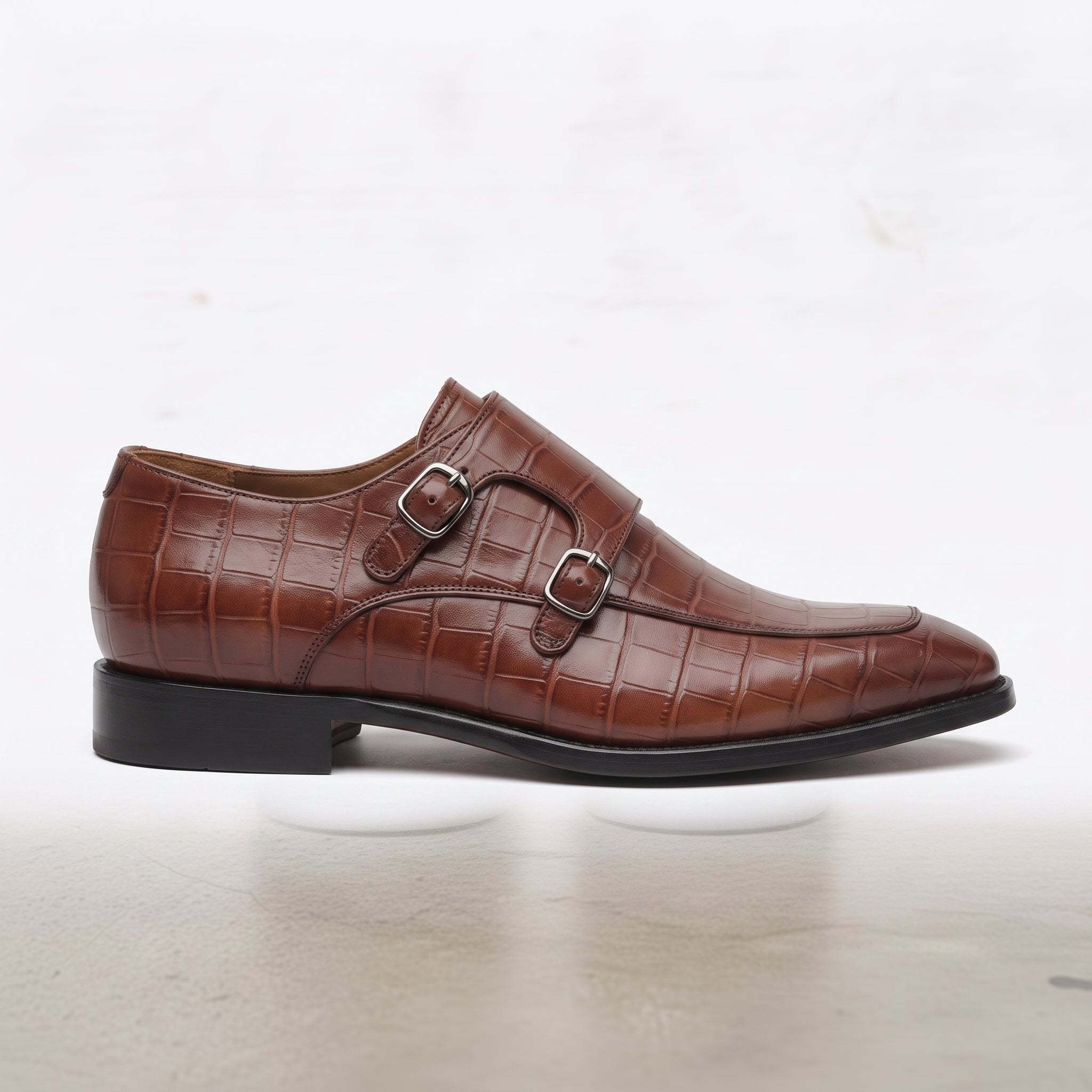 Men's Burgundy Apron-Toe Crocodile-Embossed Leather Double Monk Strap Shoes — Basildon — Basildon