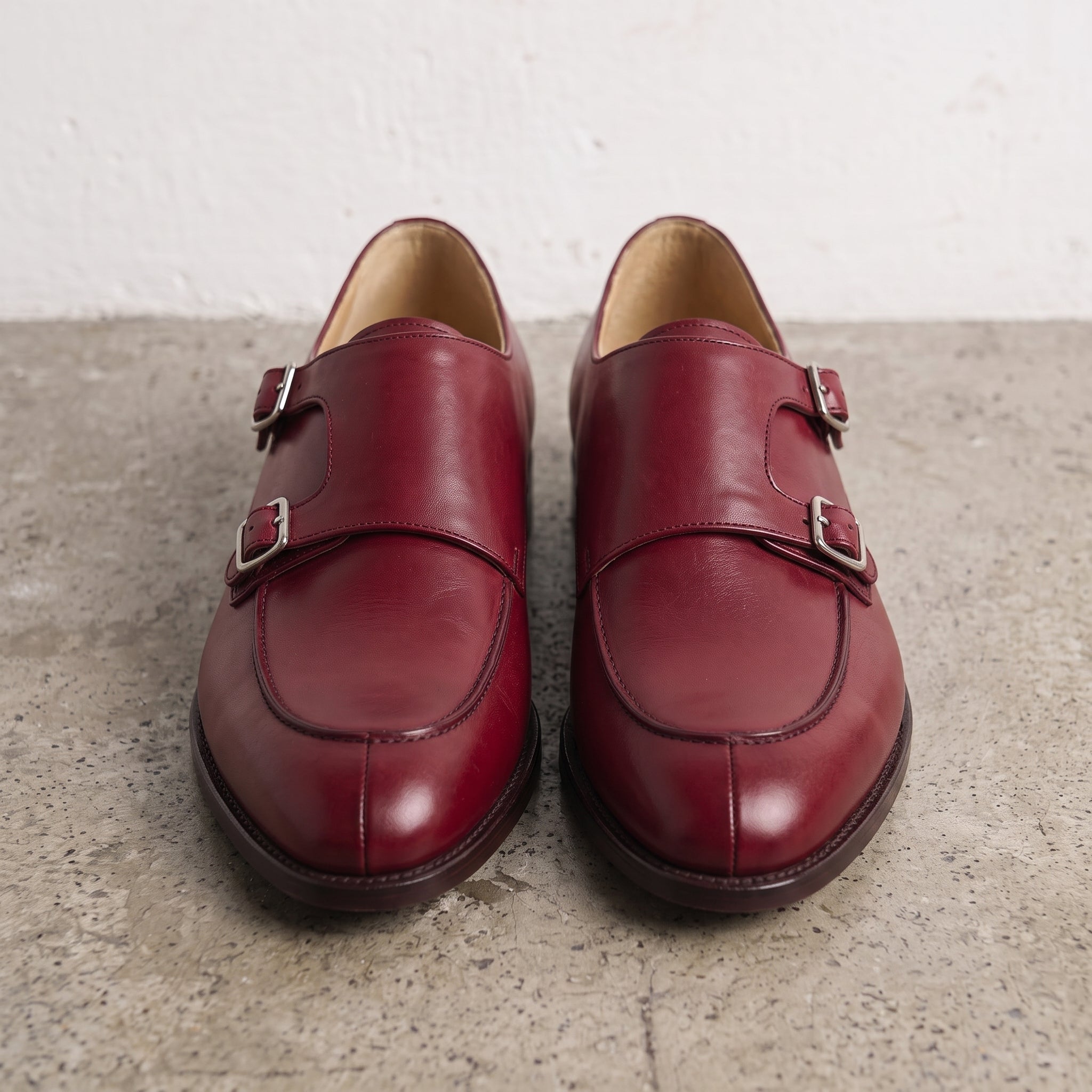 Men's Burgundy Apron-Toe Leather Double Monk Strap Shoes — Hawkins