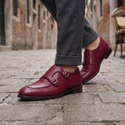 Men's Burgundy Apron-Toe Leather Double Monk Strap Shoes — Hawkins