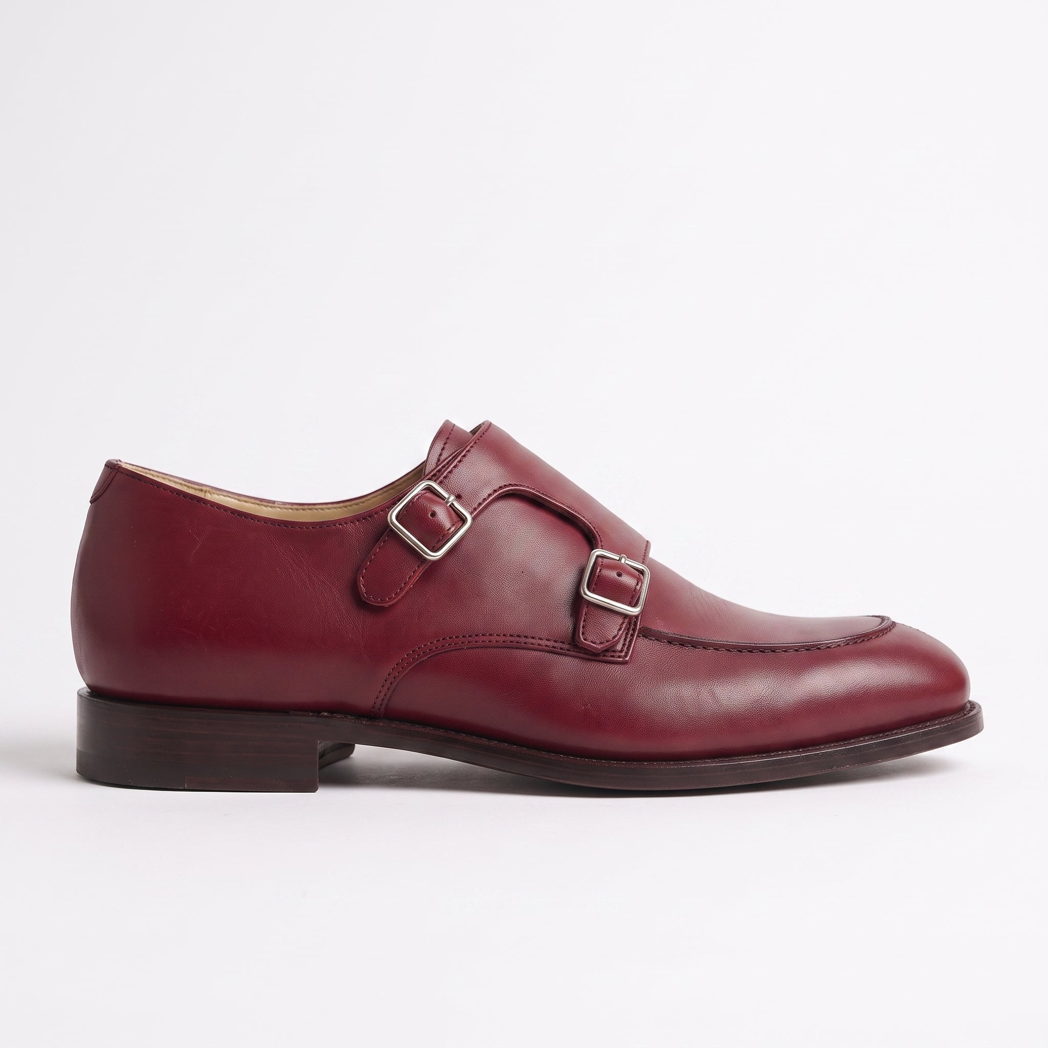 Men's Burgundy Apron-Toe Leather Double Monk Strap Shoes — Hawkins