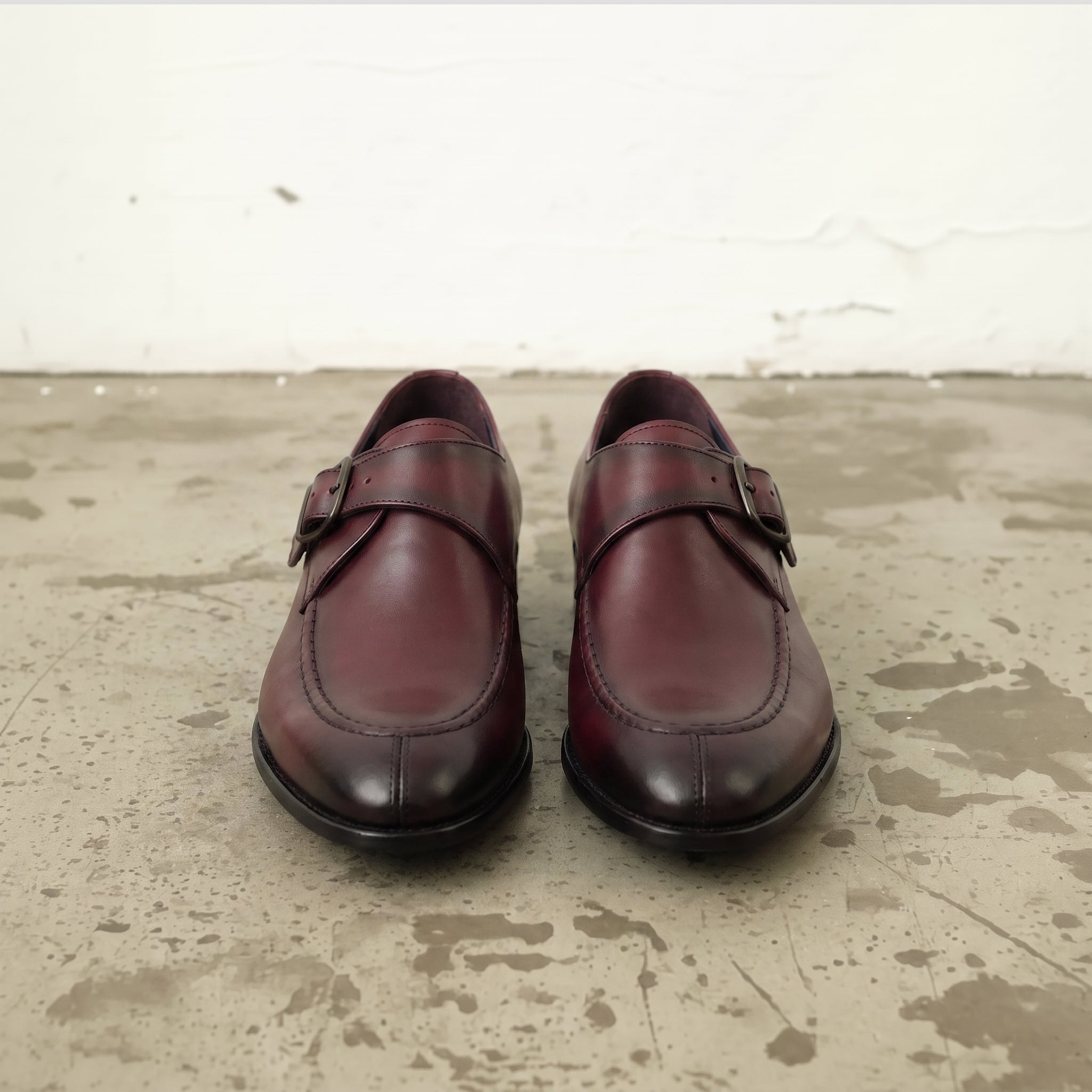 Men's Burgundy Apron-Toe Leather Monk Strap Shoes — Axmouth