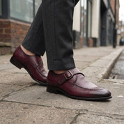 Men's Burgundy Apron-Toe Leather Monk Strap Shoes — Axmouth