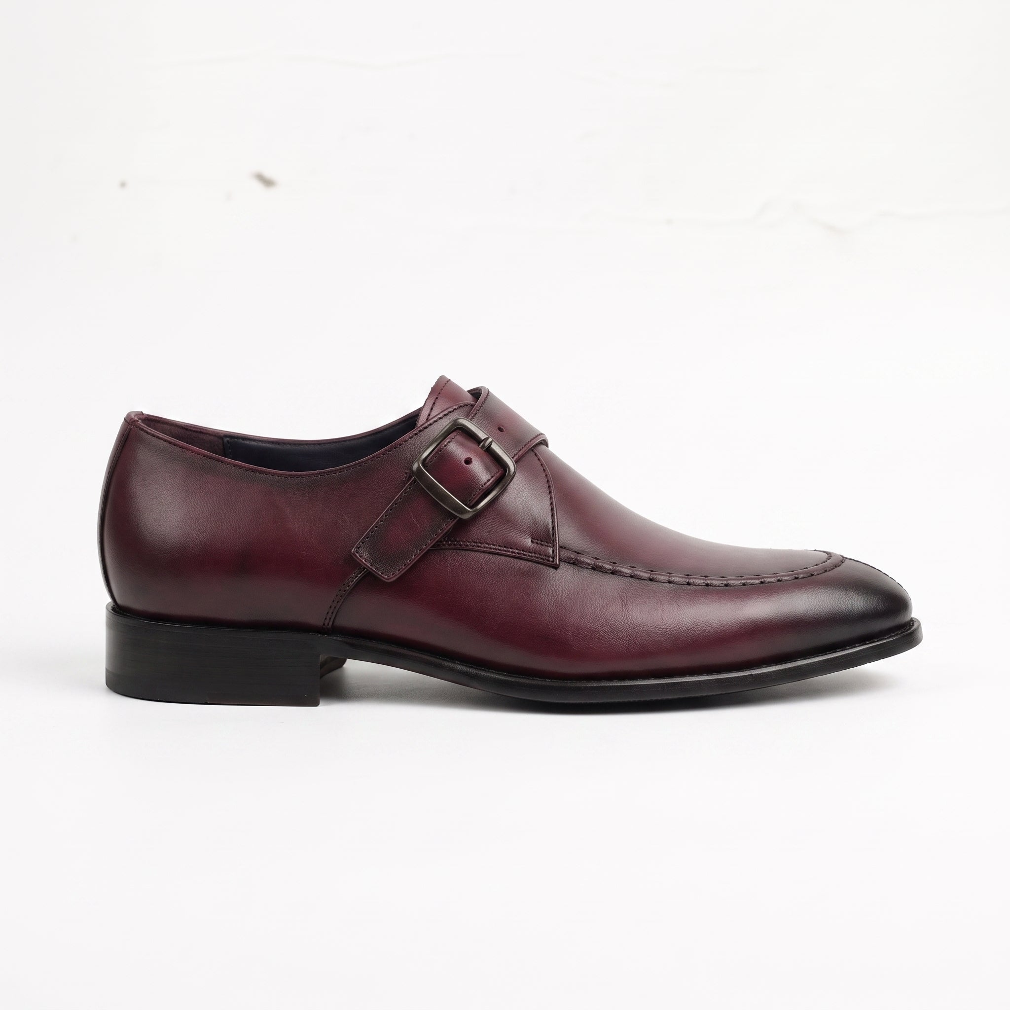 Men's Burgundy Apron-Toe Leather Monk Strap Shoes — Axmouth