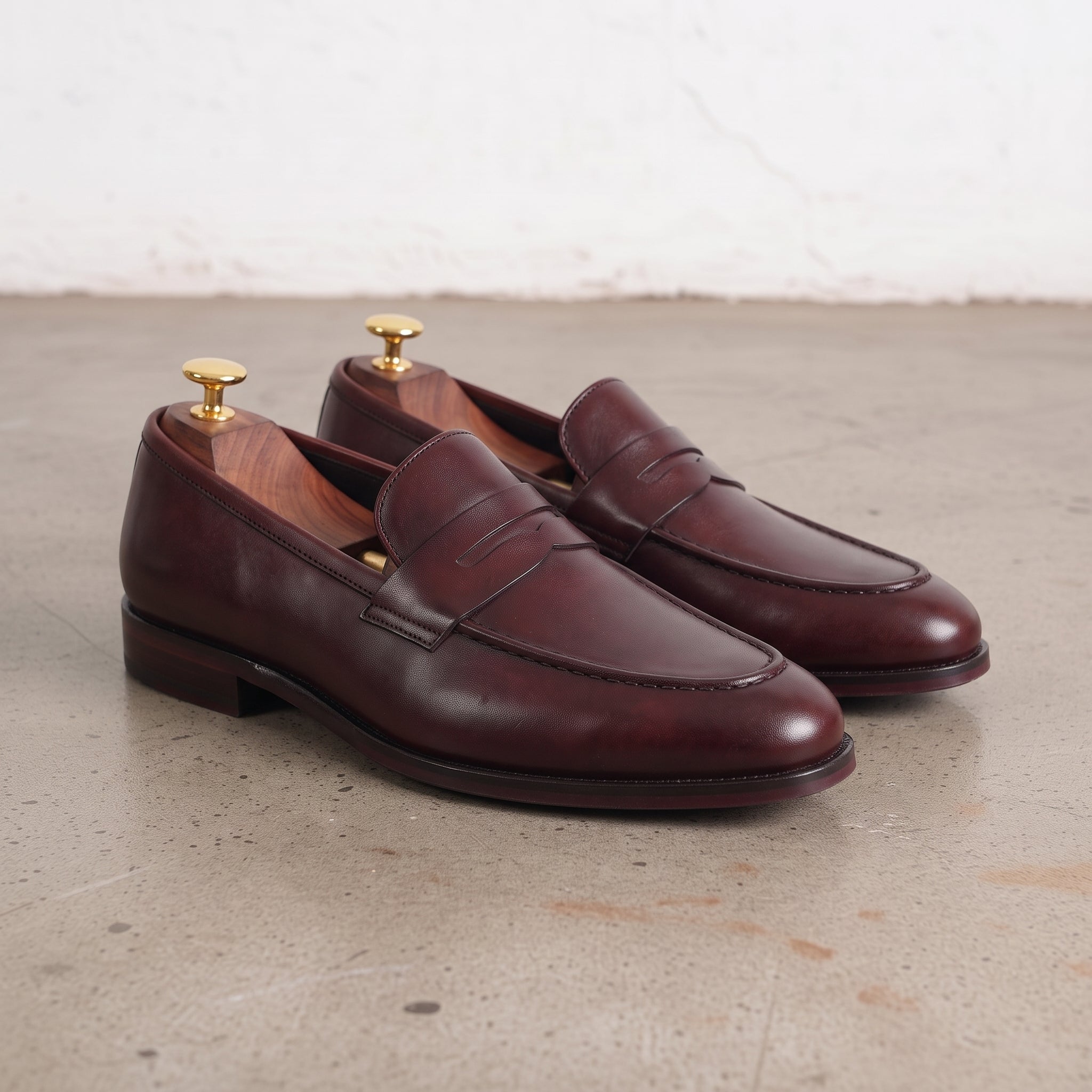 Men's Burgundy Apron-Toe Leather Penny Loafers — Bidborough