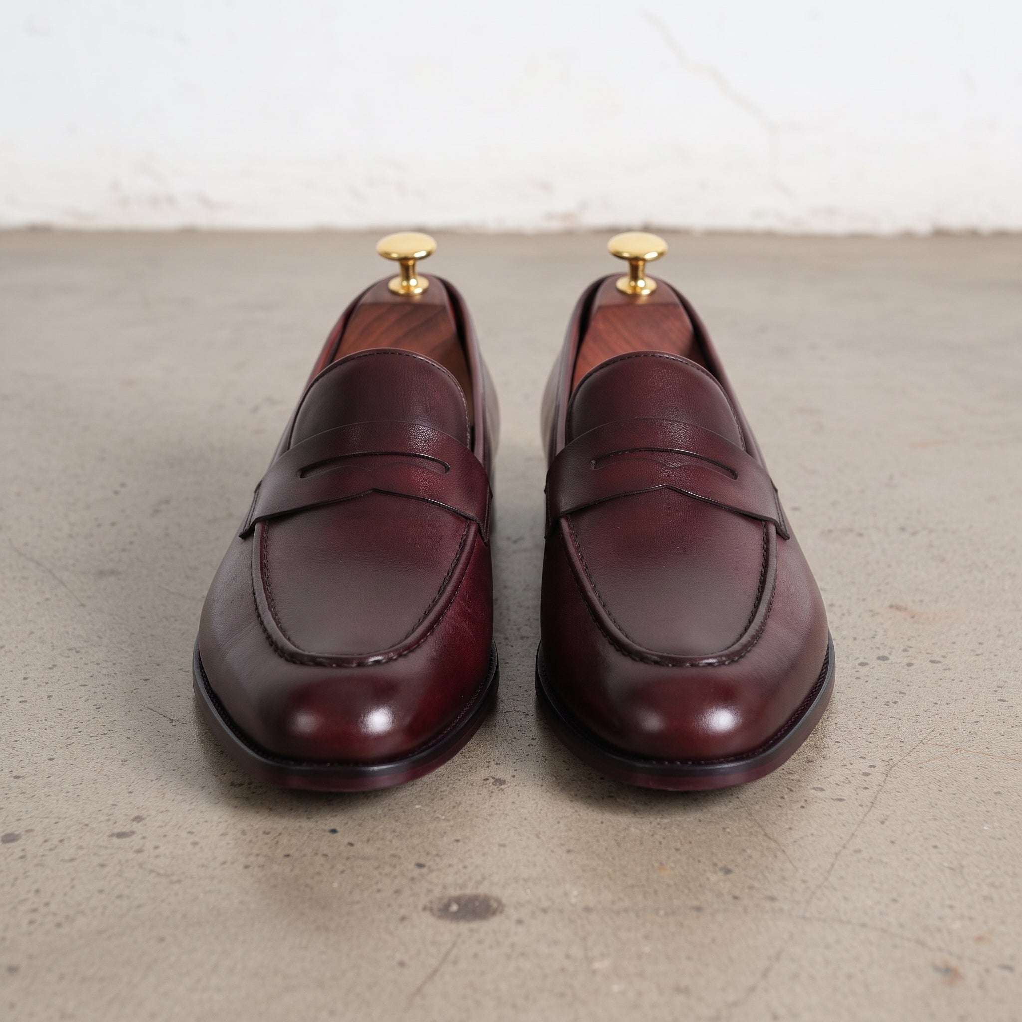 Men's Burgundy Apron-Toe Leather Penny Loafers — Bidborough
