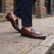 Men's Burgundy Apron-Toe Leather Penny Loafers — Bidborough
