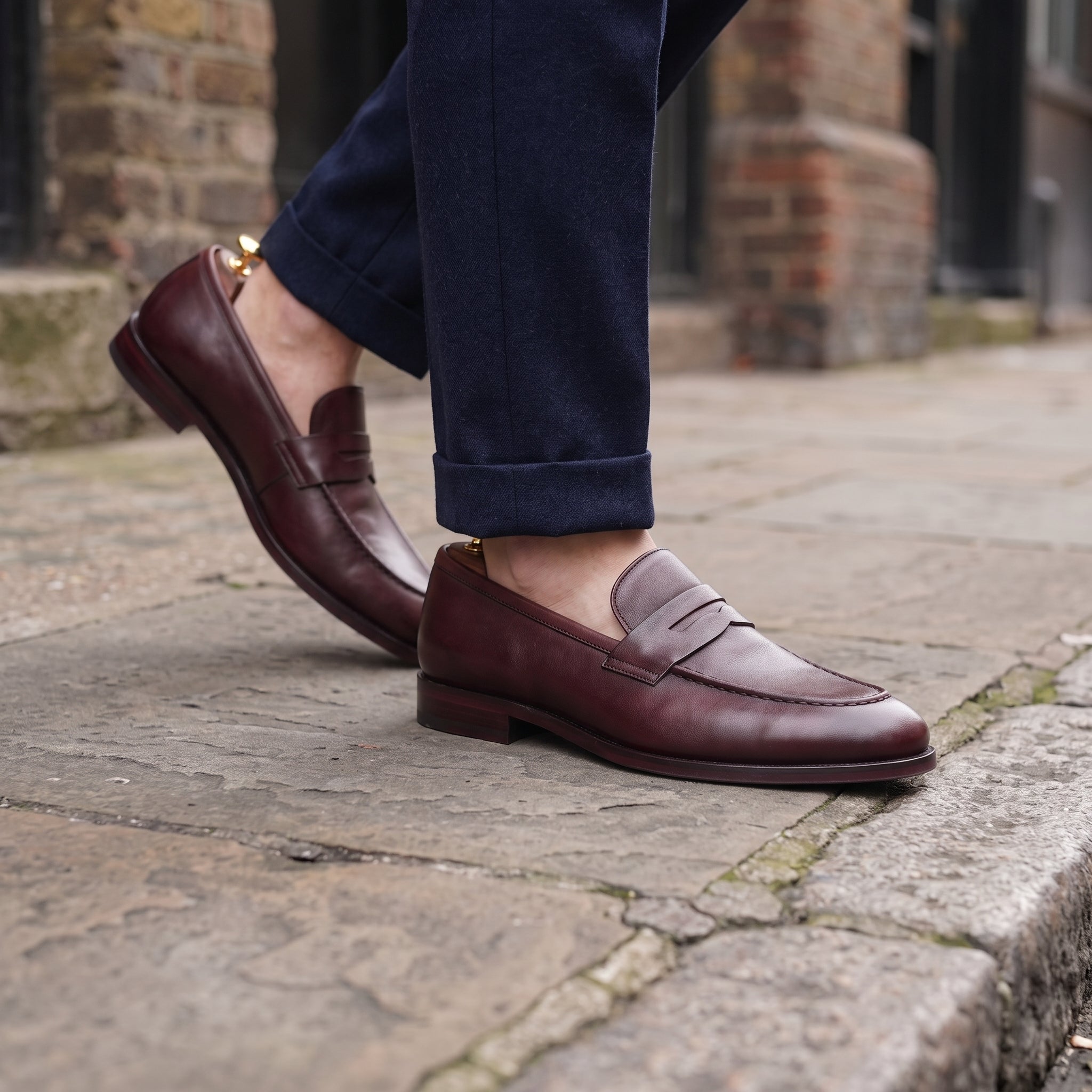 Men's Burgundy Apron-Toe Leather Penny Loafers — Bidborough