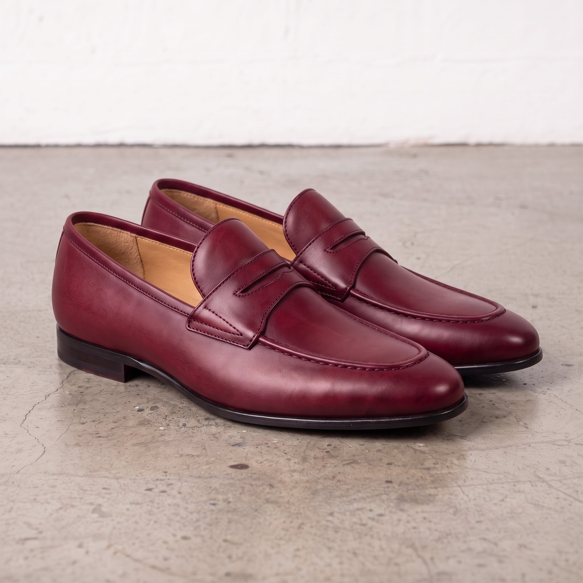 Men's Burgundy Apron-Toe Leather Penny Loafers — Bradley
