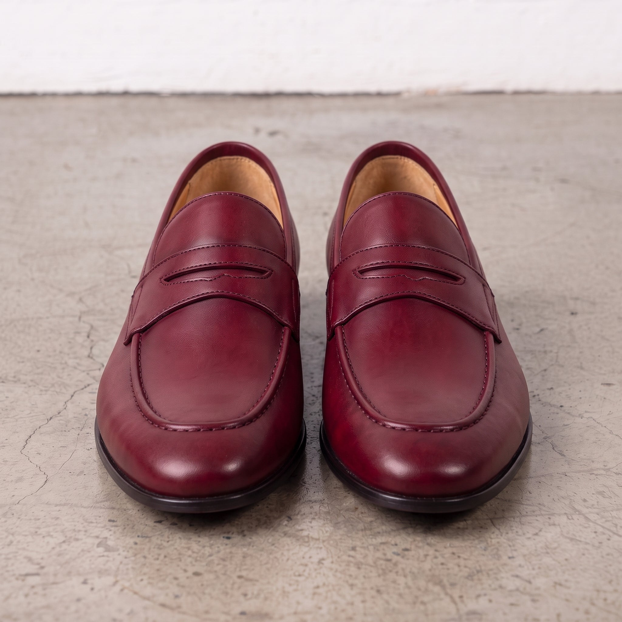 Men's Burgundy Apron-Toe Leather Penny Loafers — Bradley