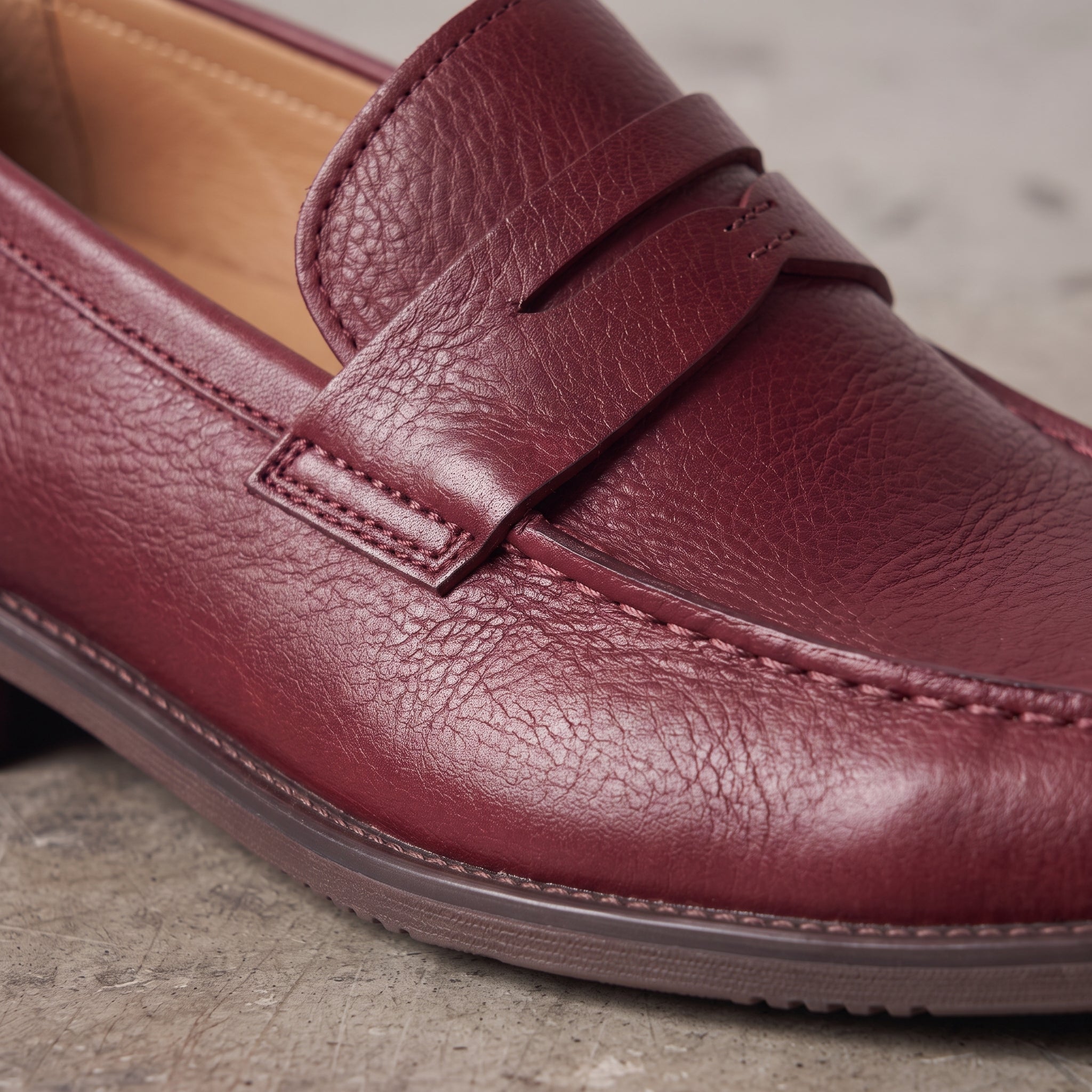 Men's Burgundy Apron-Toe Leather Penny Loafers — Elsley