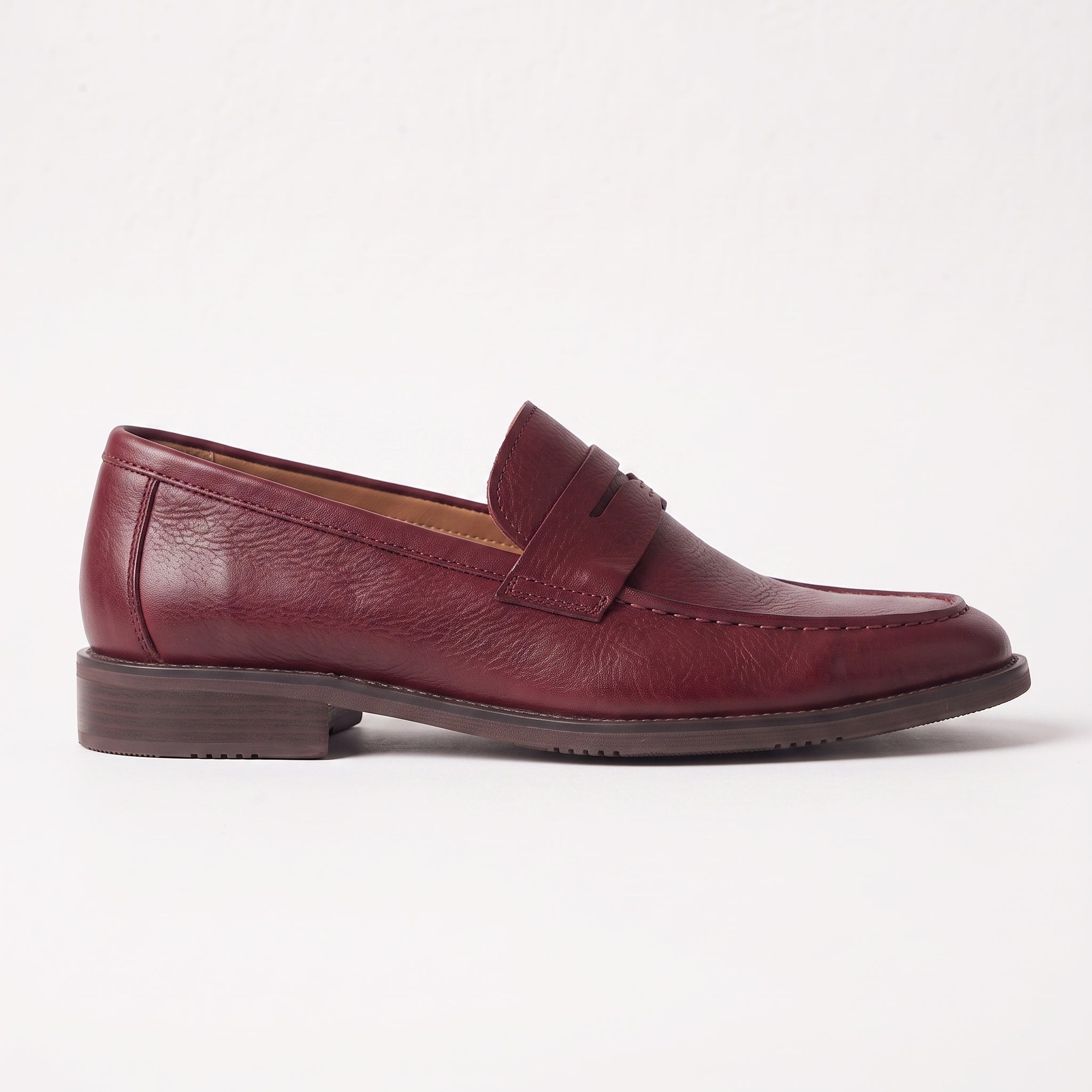 Men's Burgundy Apron-Toe Leather Penny Loafers — Elsley