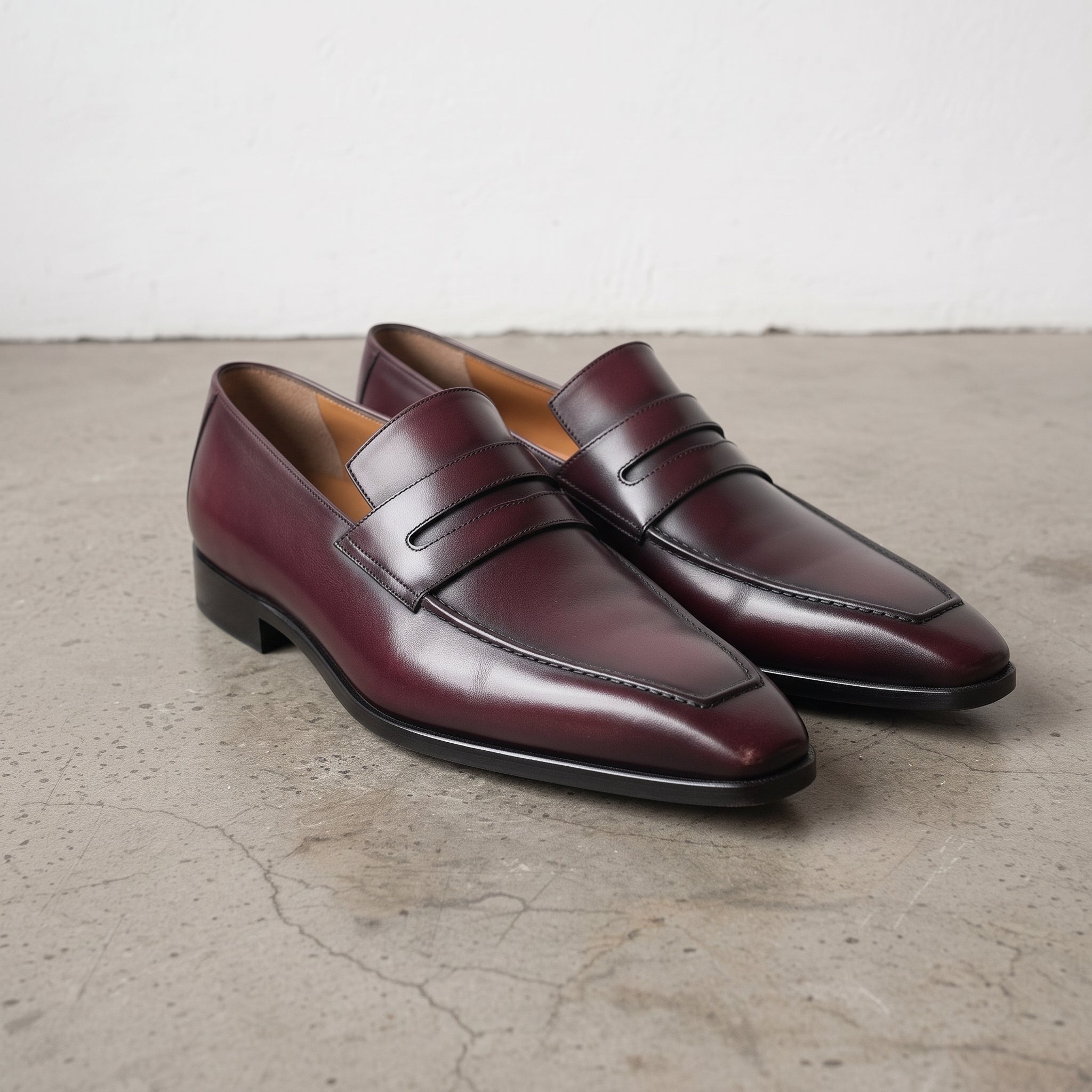 Men's Burgundy Apron-Toe Leather Penny Loafers — Martindale