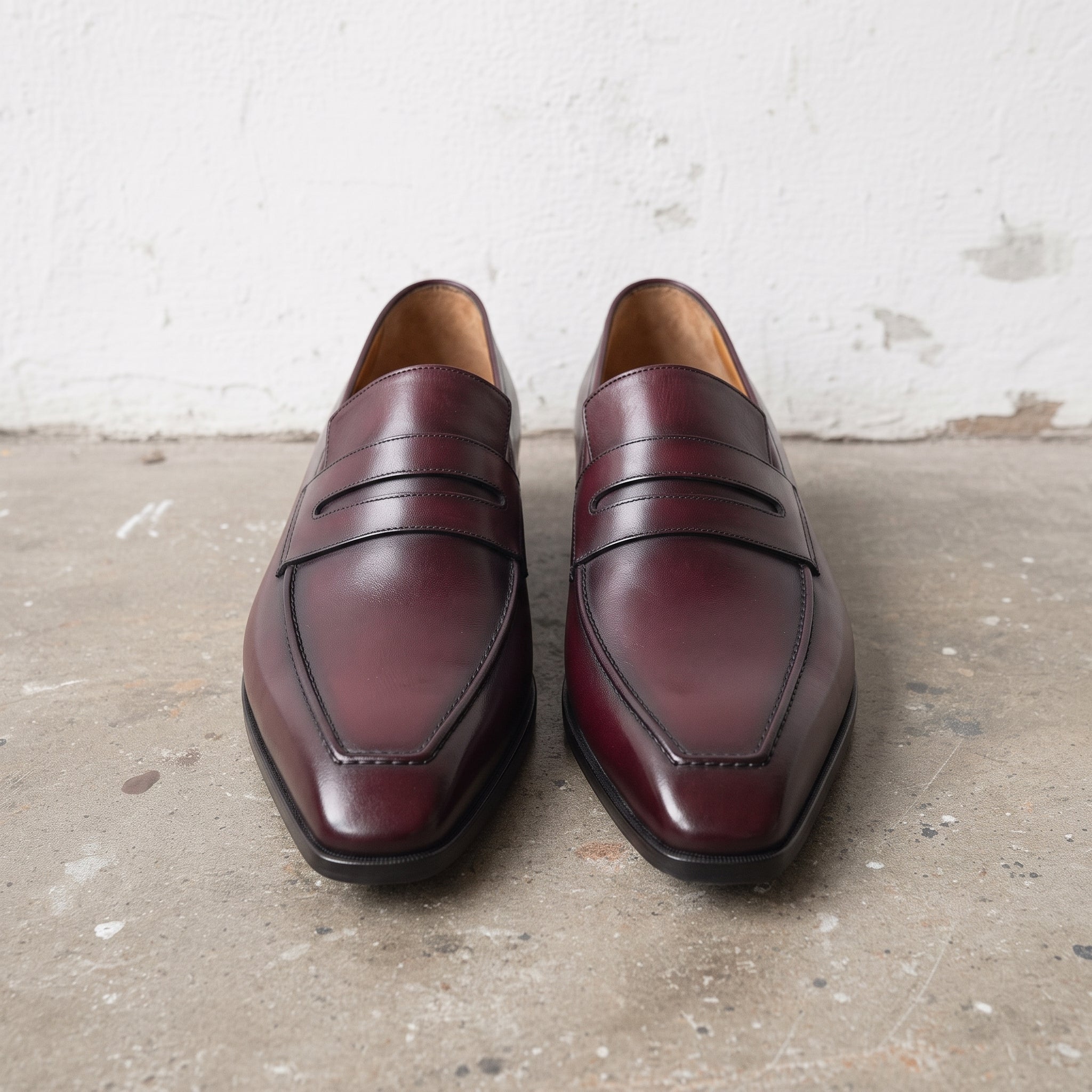 Men's Burgundy Apron-Toe Leather Penny Loafers — Martindale