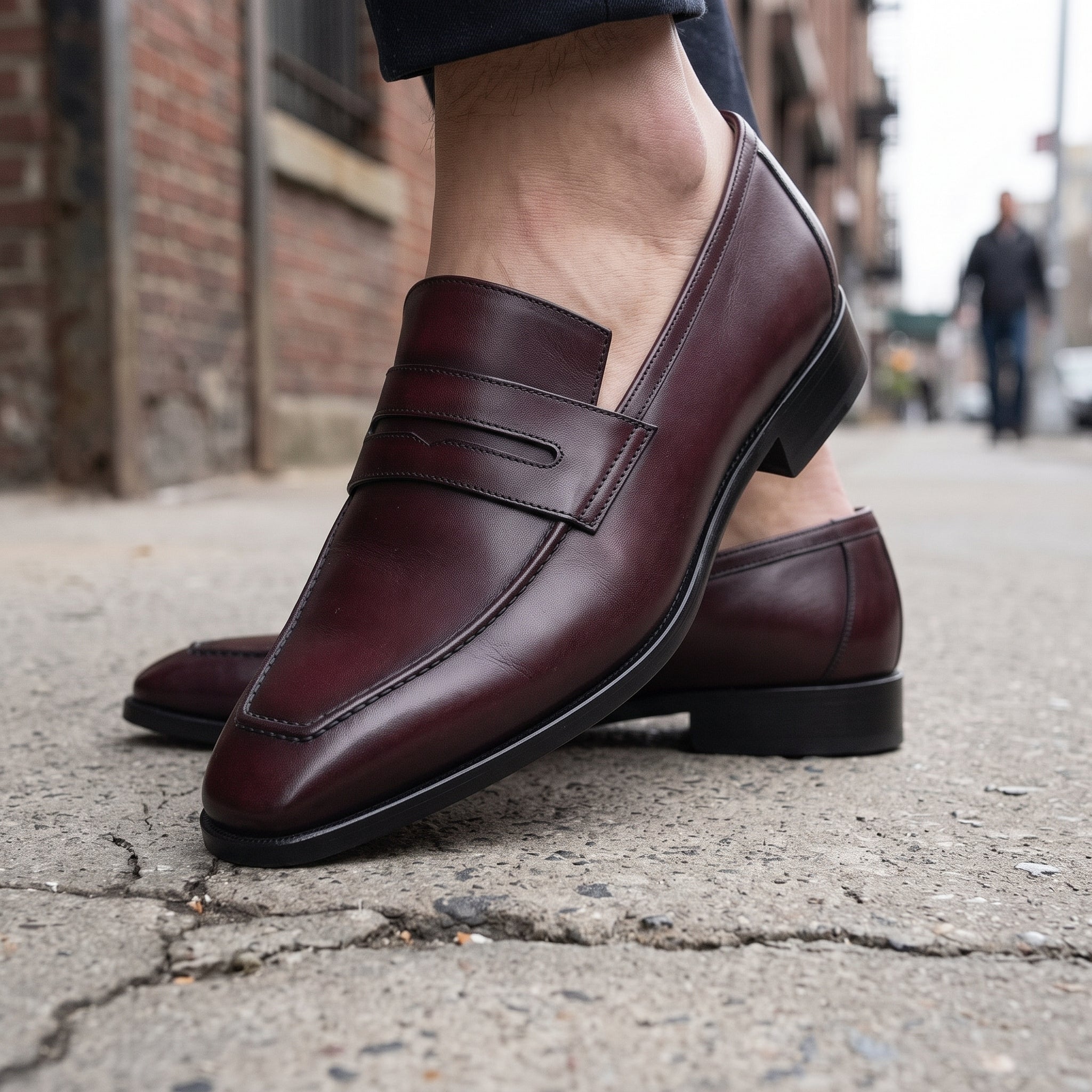 Men's Burgundy Apron-Toe Leather Penny Loafers — Martindale