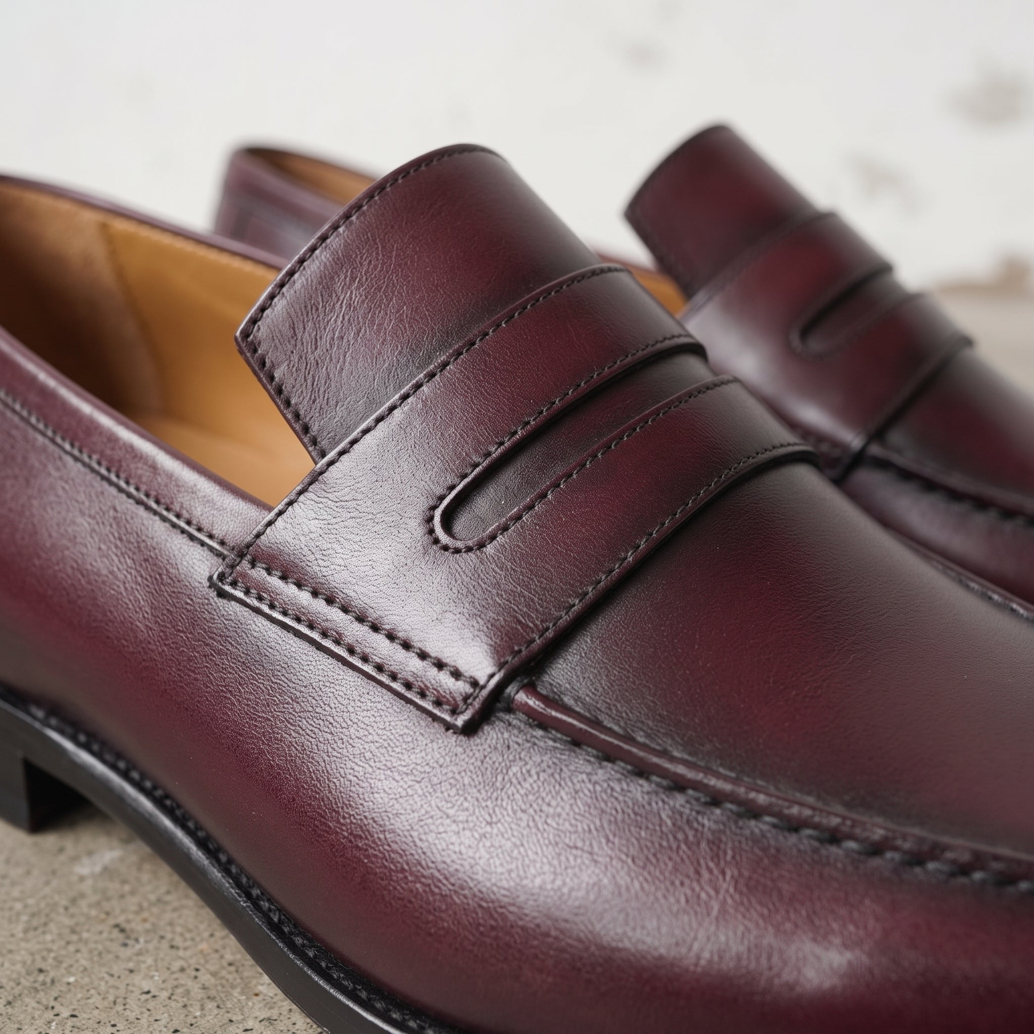 Men's Burgundy Apron-Toe Leather Penny Loafers — Martindale