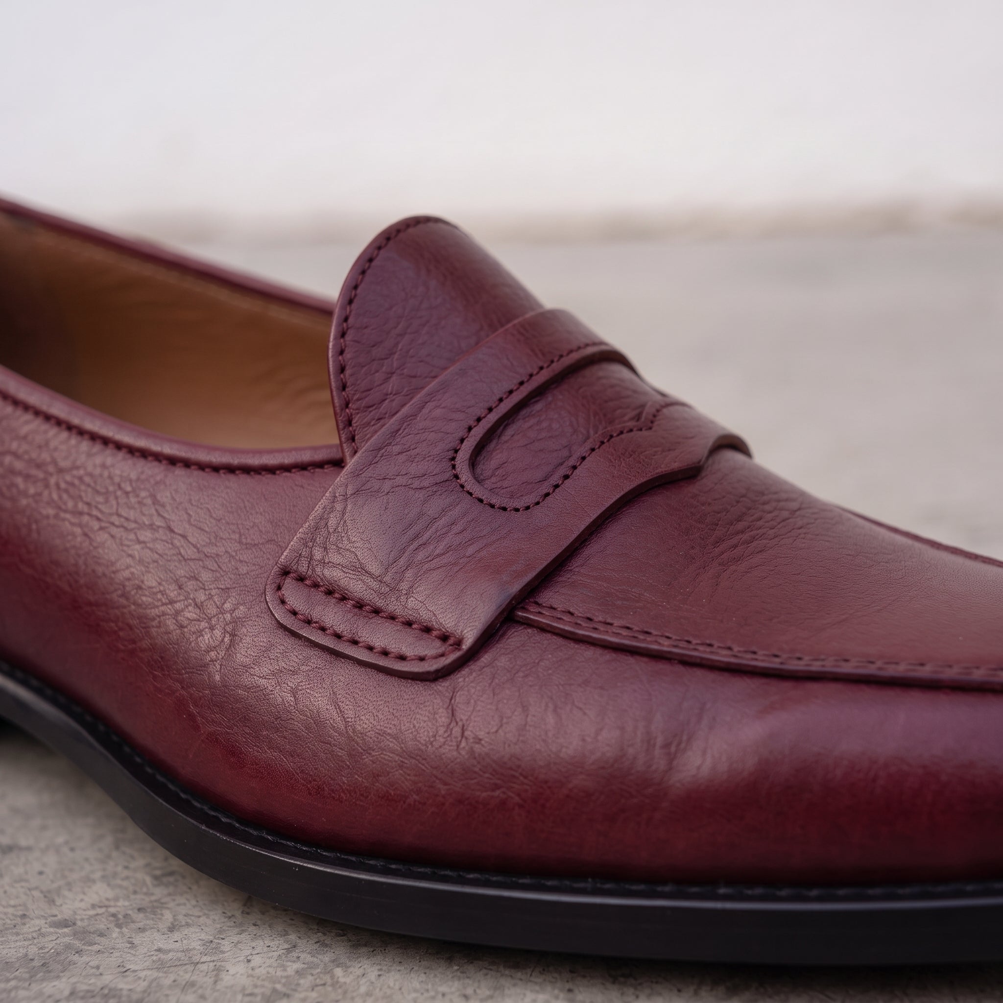 Men's Burgundy Apron-Toe Leather Penny Loafers — Randolph