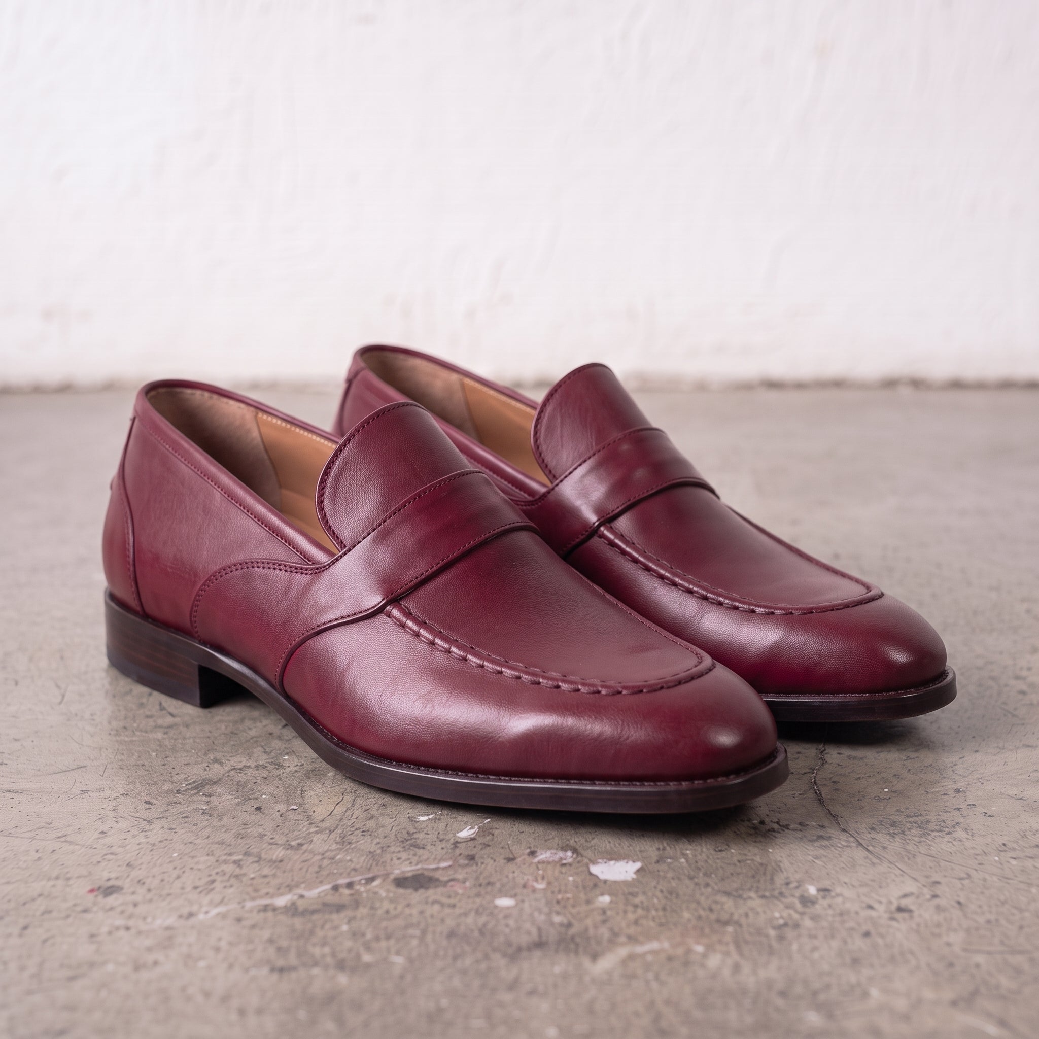 Men's Burgundy Apron-Toe Leather Penny Loafers — Seagrave