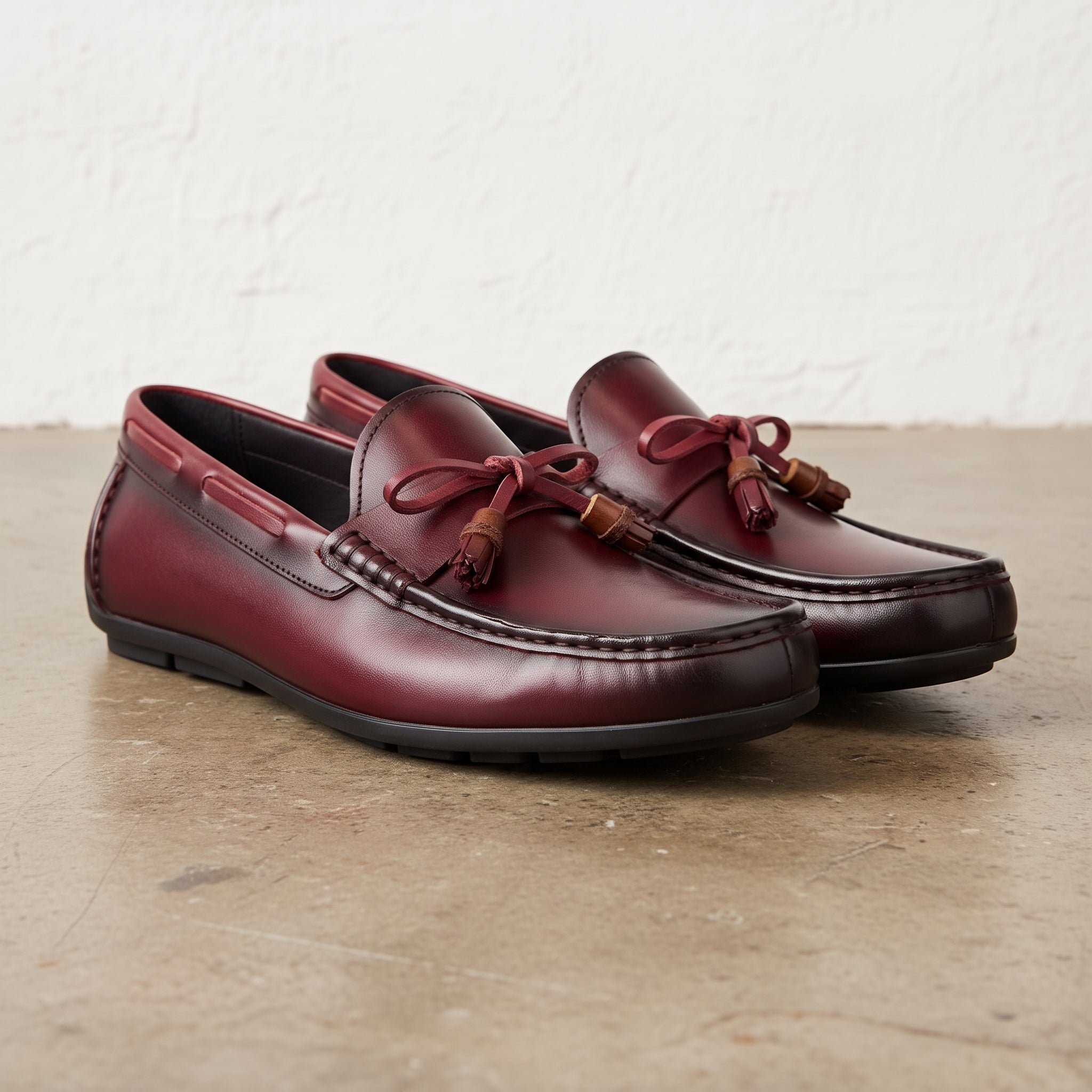 Men's Burgundy Apron-Toe Leather Tassel Loafers — Birtley