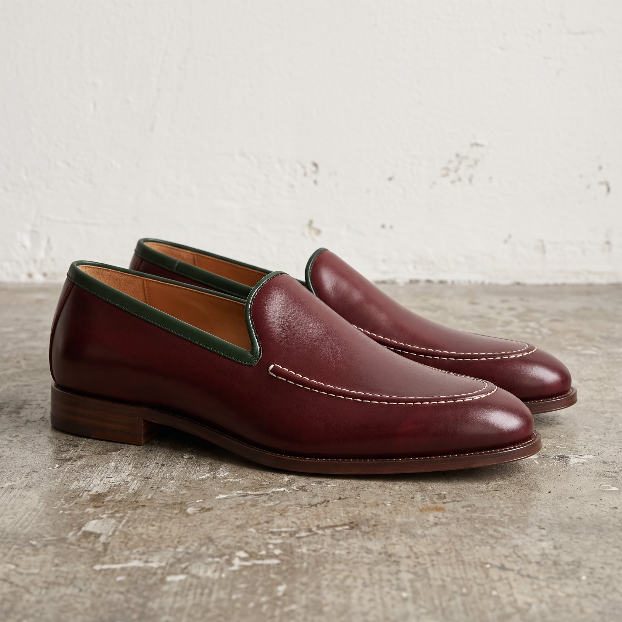 Men's Burgundy and Green Apron-Toe Leather Loafers — Addon