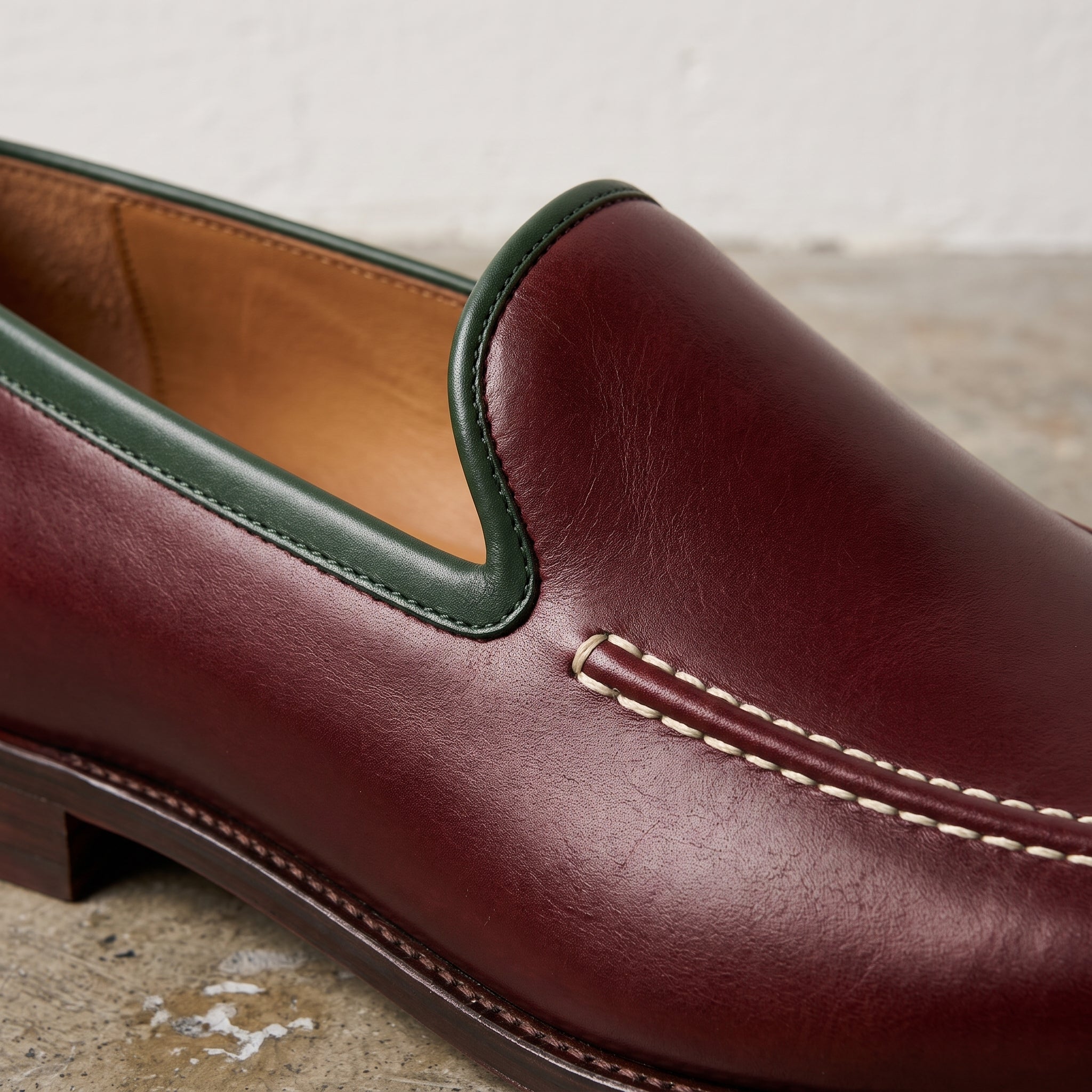 Men's Burgundy and Green Apron-Toe Leather Loafers — Addon