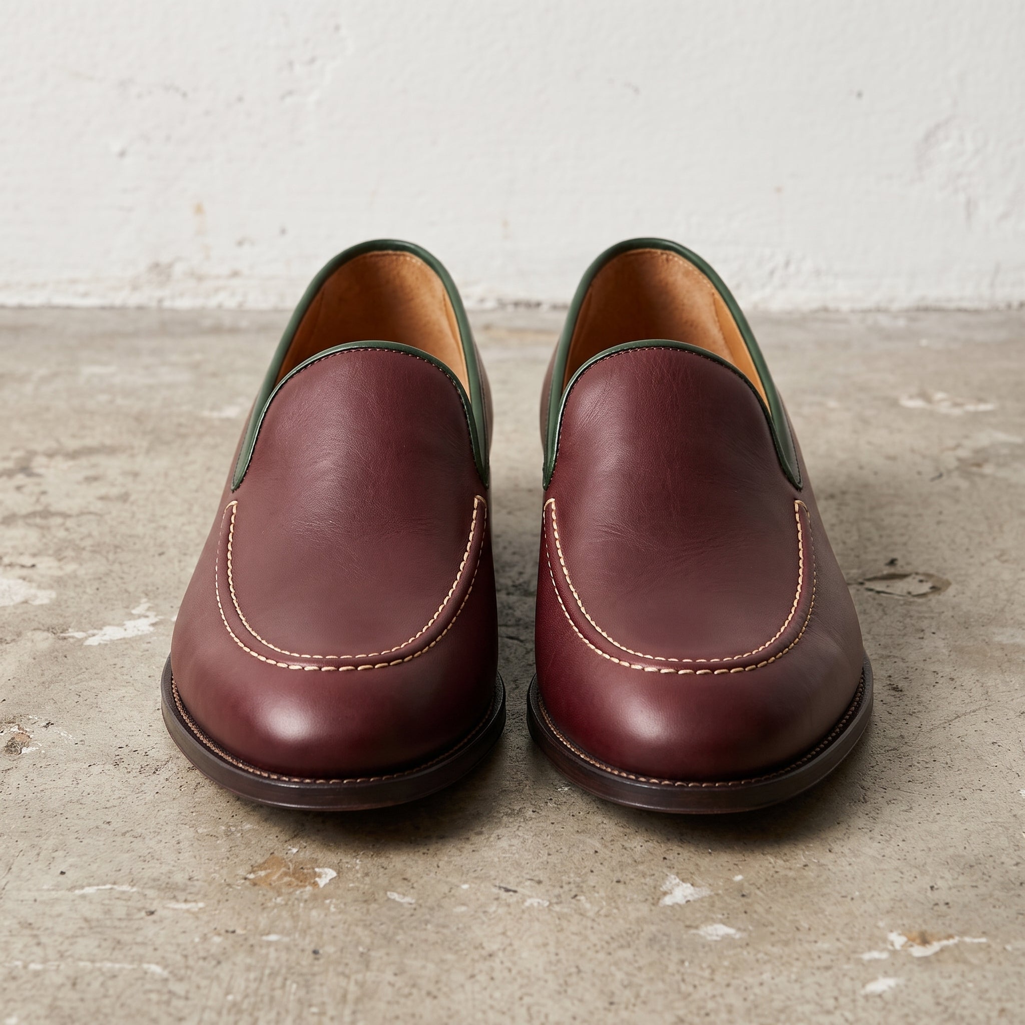 Men's Burgundy and Green Apron-Toe Leather Loafers — Addon