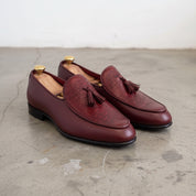 Men's Burgundy Apron-Toe Pebbled Leather Tassel Loafers — Langley