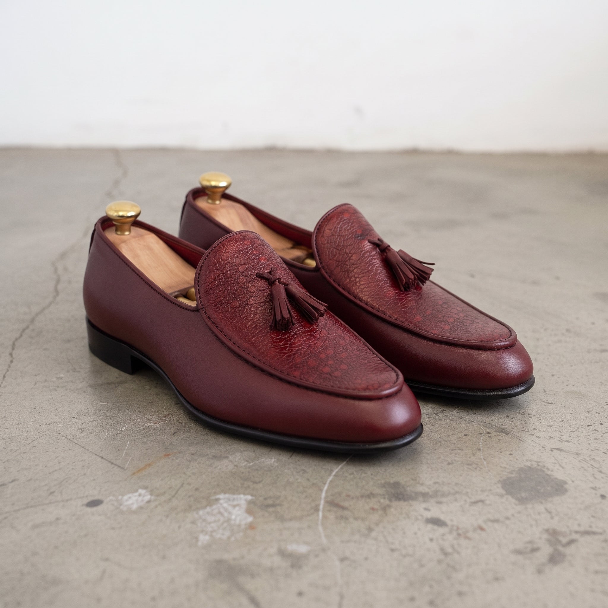 Men's Burgundy Apron-Toe Pebbled Leather Tassel Loafers — Langley