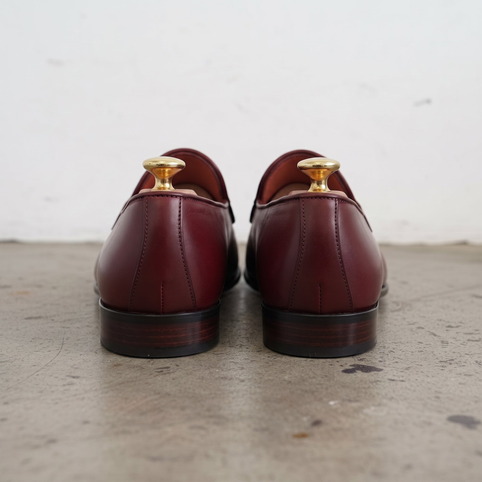 Men's Burgundy Apron-Toe Pebbled Leather Tassel Loafers — Langley