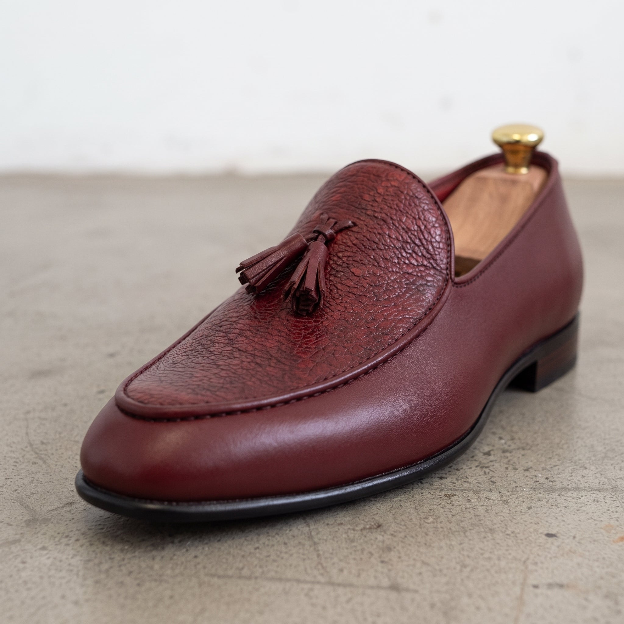 Men's Burgundy Apron-Toe Pebbled Leather Tassel Loafers — Langley