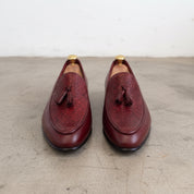Men's Burgundy Apron-Toe Pebbled Leather Tassel Loafers — Langley