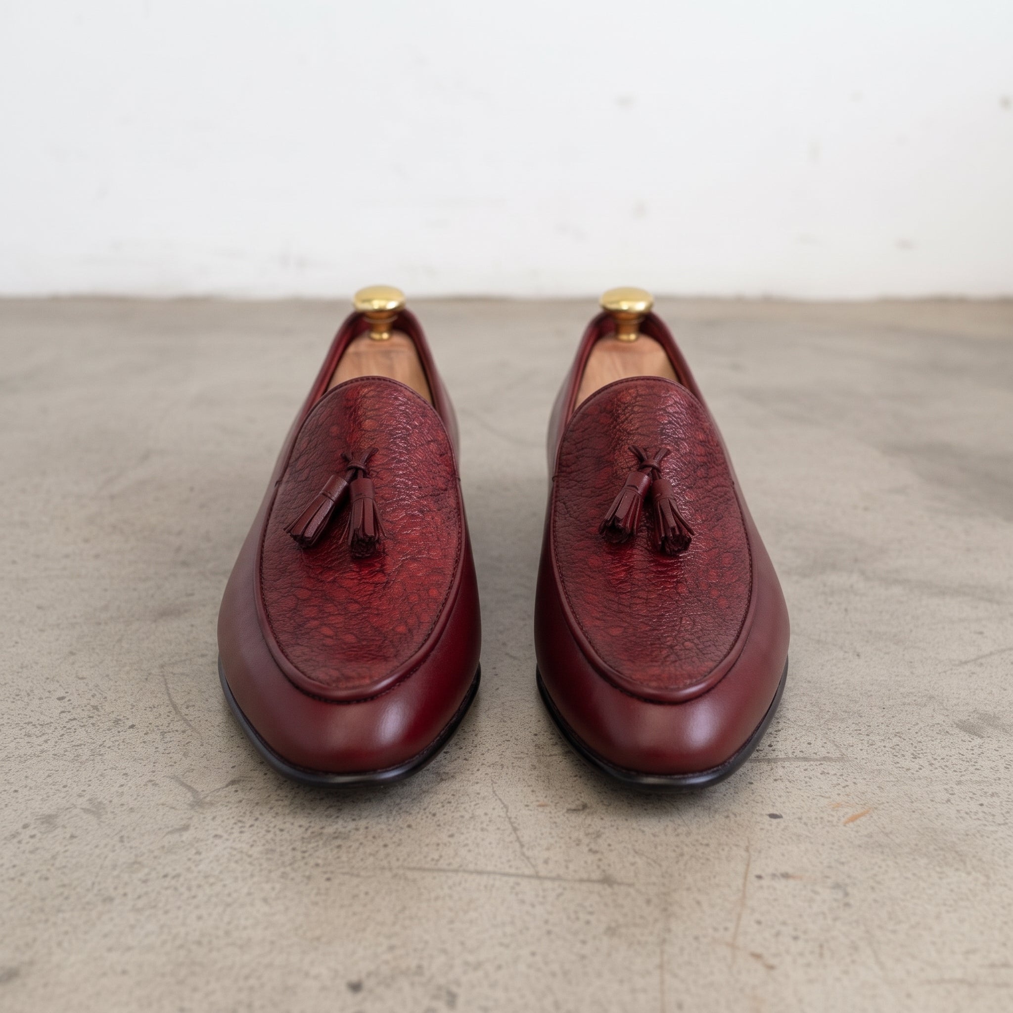 Men's Burgundy Apron-Toe Pebbled Leather Tassel Loafers — Langley