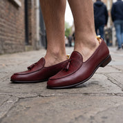 Men's Burgundy Apron-Toe Pebbled Leather Tassel Loafers — Langley
