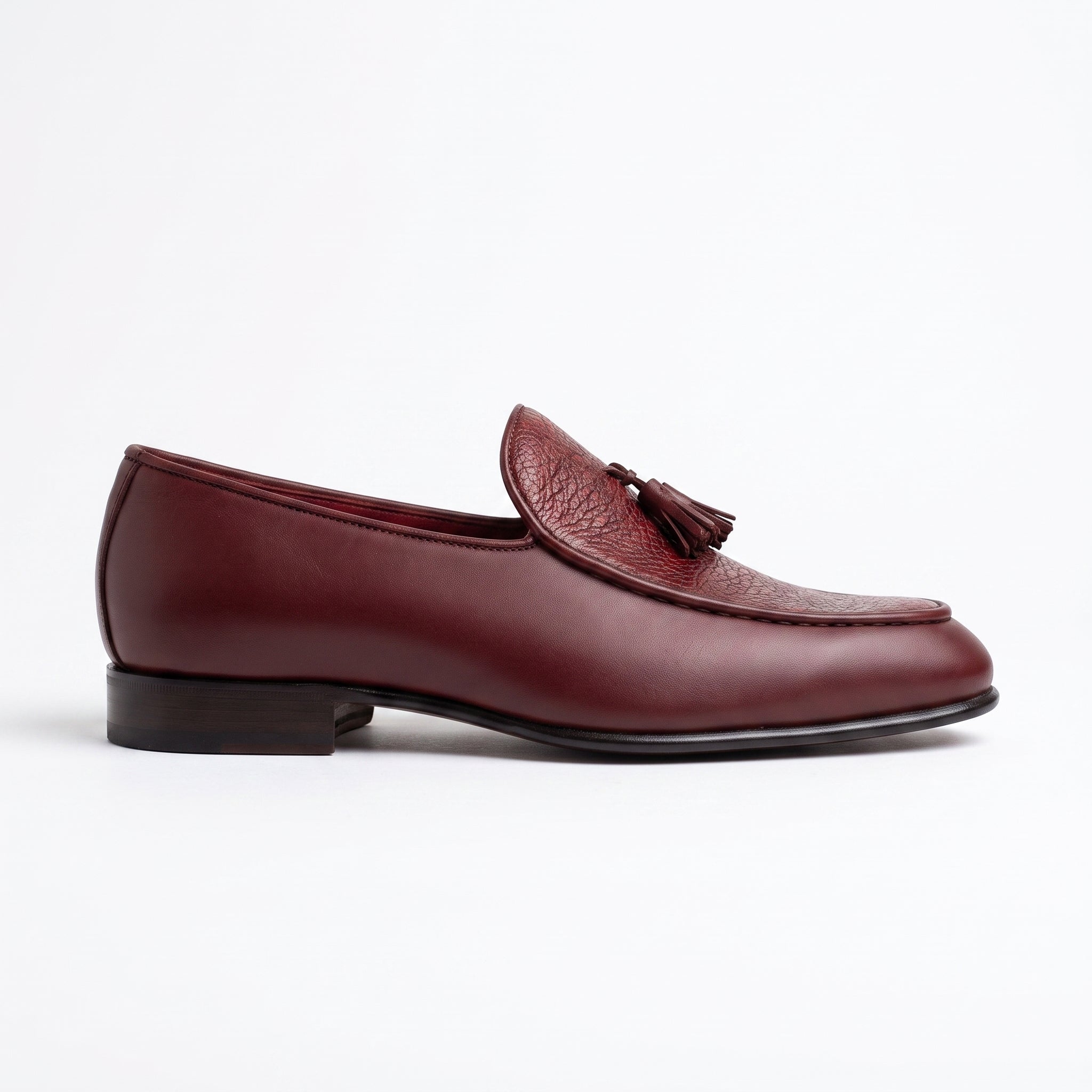 Men's Burgundy Apron-Toe Pebbled Leather Tassel Loafers — Langley
