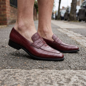 Men's Burgundy Cap-Toe Alligator-Embossed Leather Penny Loafers — Edwin