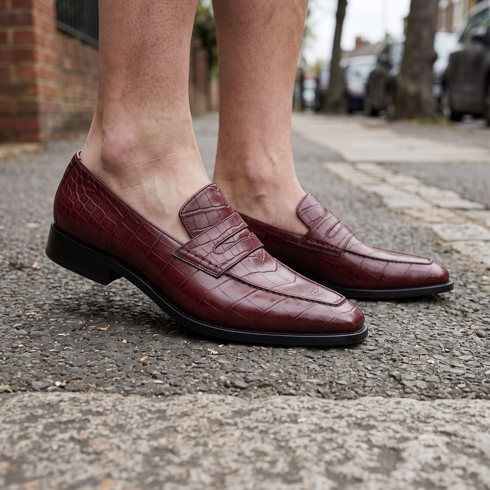 Men's Burgundy Cap-Toe Alligator-Embossed Leather Penny Loafers — Edwin
