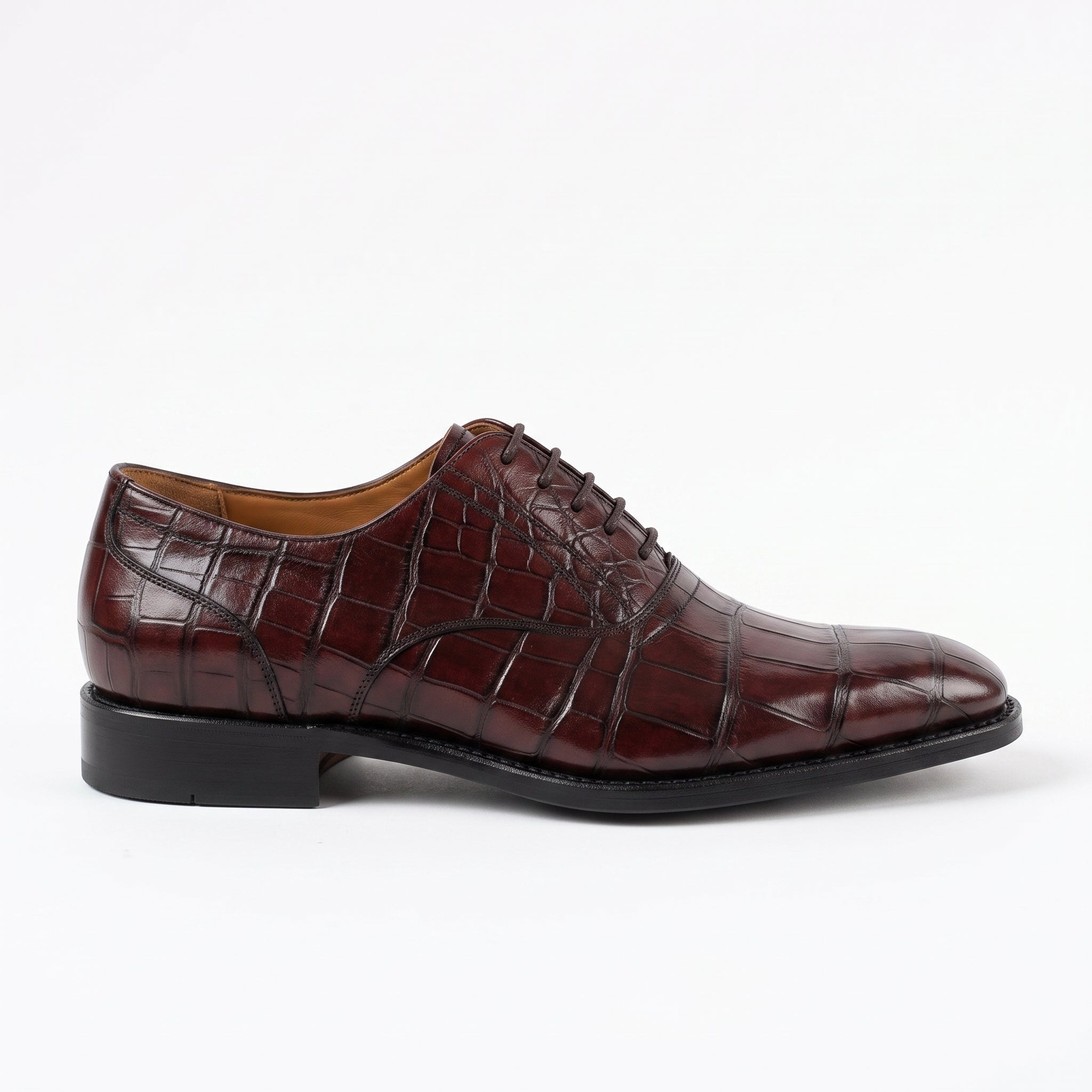 Men's Burgundy Cap-Toe Crocodile-Embossed Leather Oxfords — Bingley