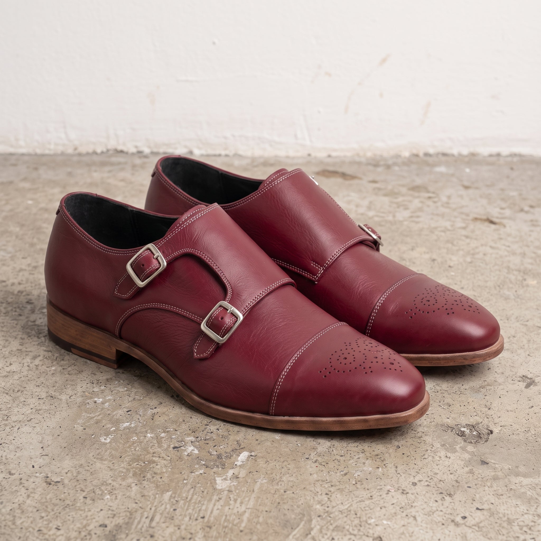 Men's Burgundy Cap-Toe Leather Double Monk Strap Shoes — Ardleigh