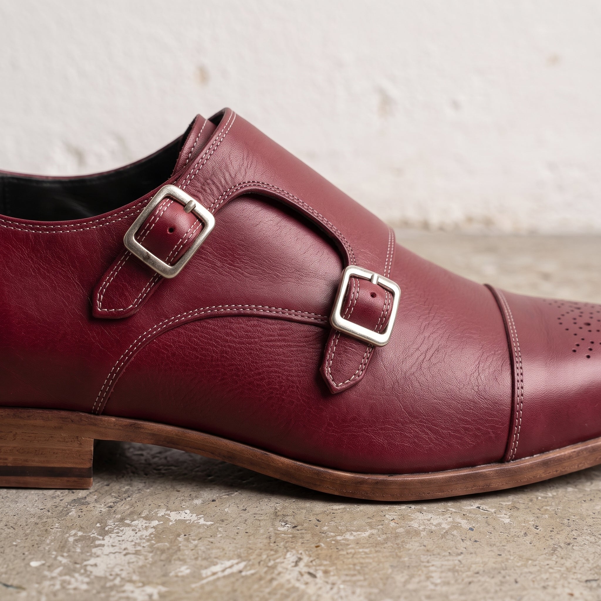 Men's Burgundy Cap-Toe Leather Double Monk Strap Shoes — Ardleigh