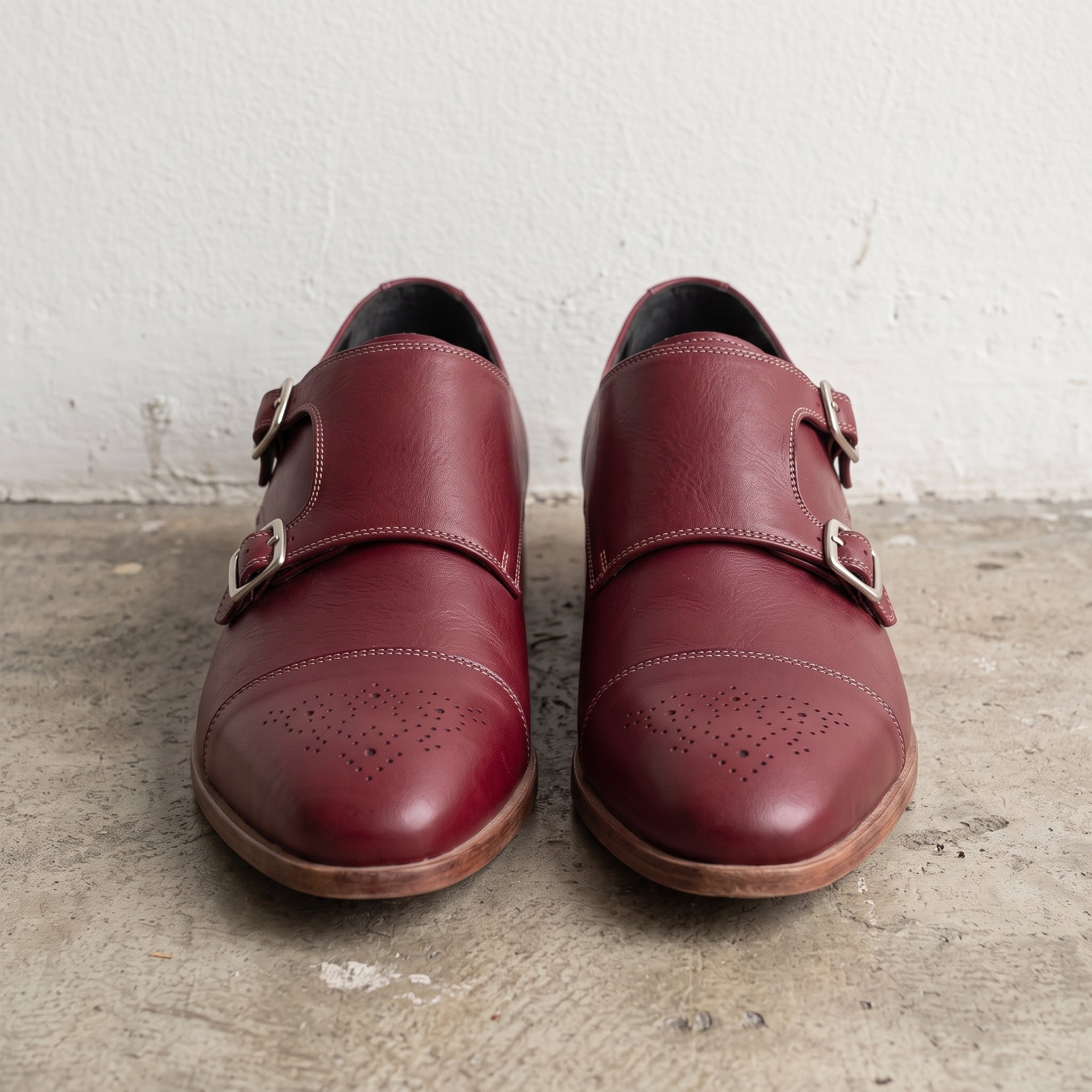 Men's Burgundy Cap-Toe Leather Double Monk Strap Shoes — Ardleigh
