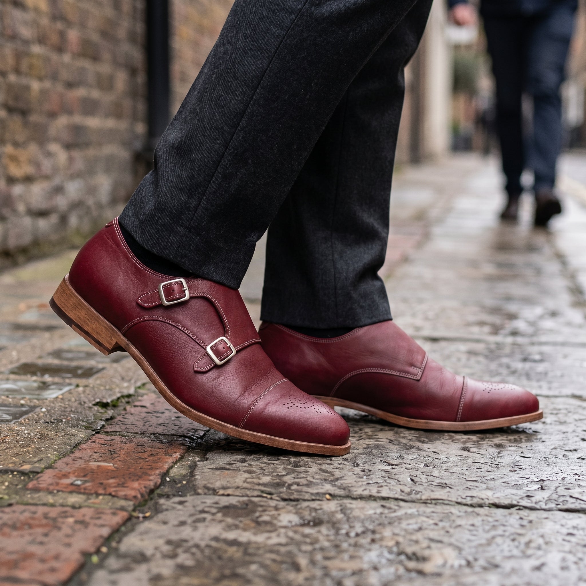 Men's Burgundy Cap-Toe Leather Double Monk Strap Shoes — Ardleigh