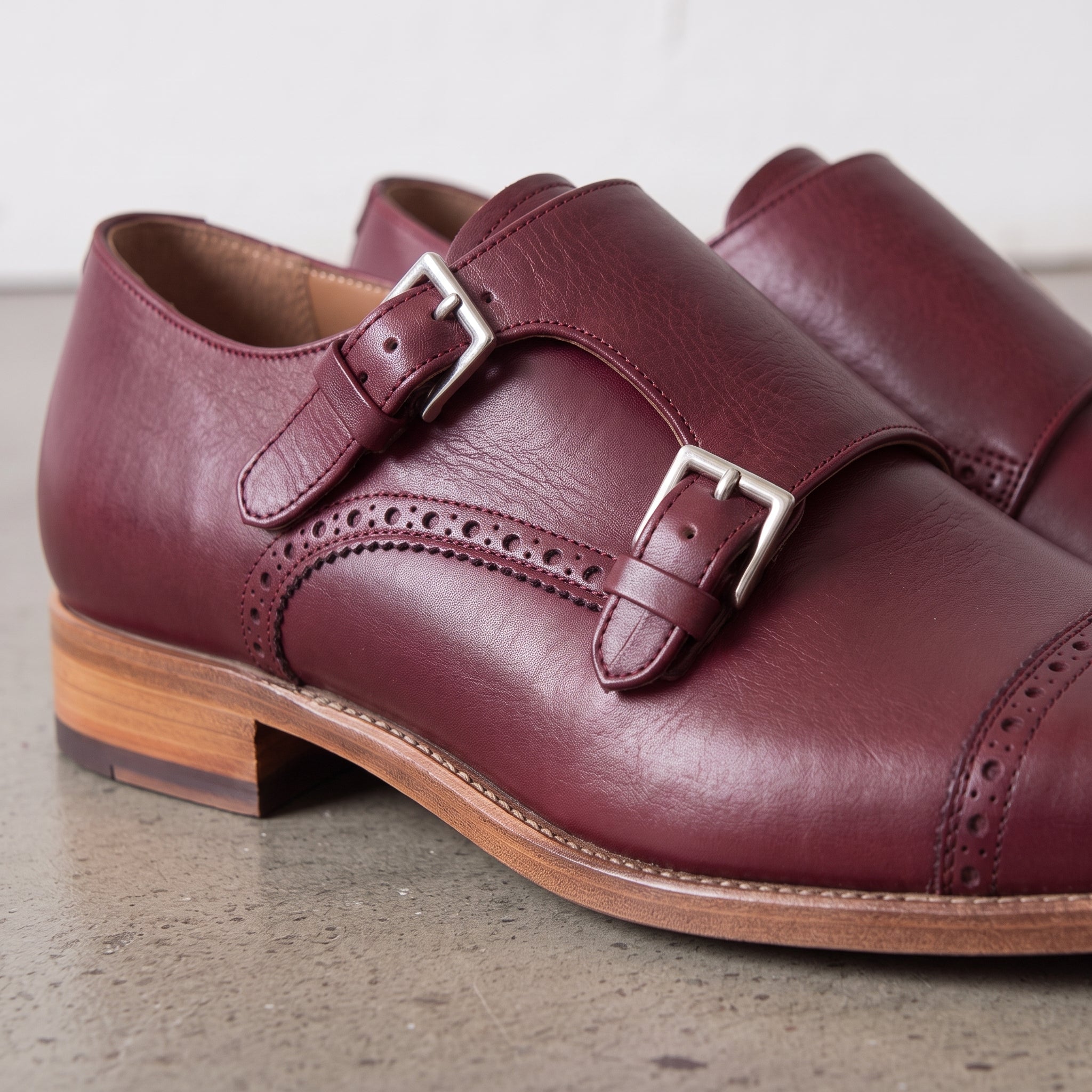 Men's Burgundy Cap-Toe Leather Double Monk Strap Shoes — Hitchley