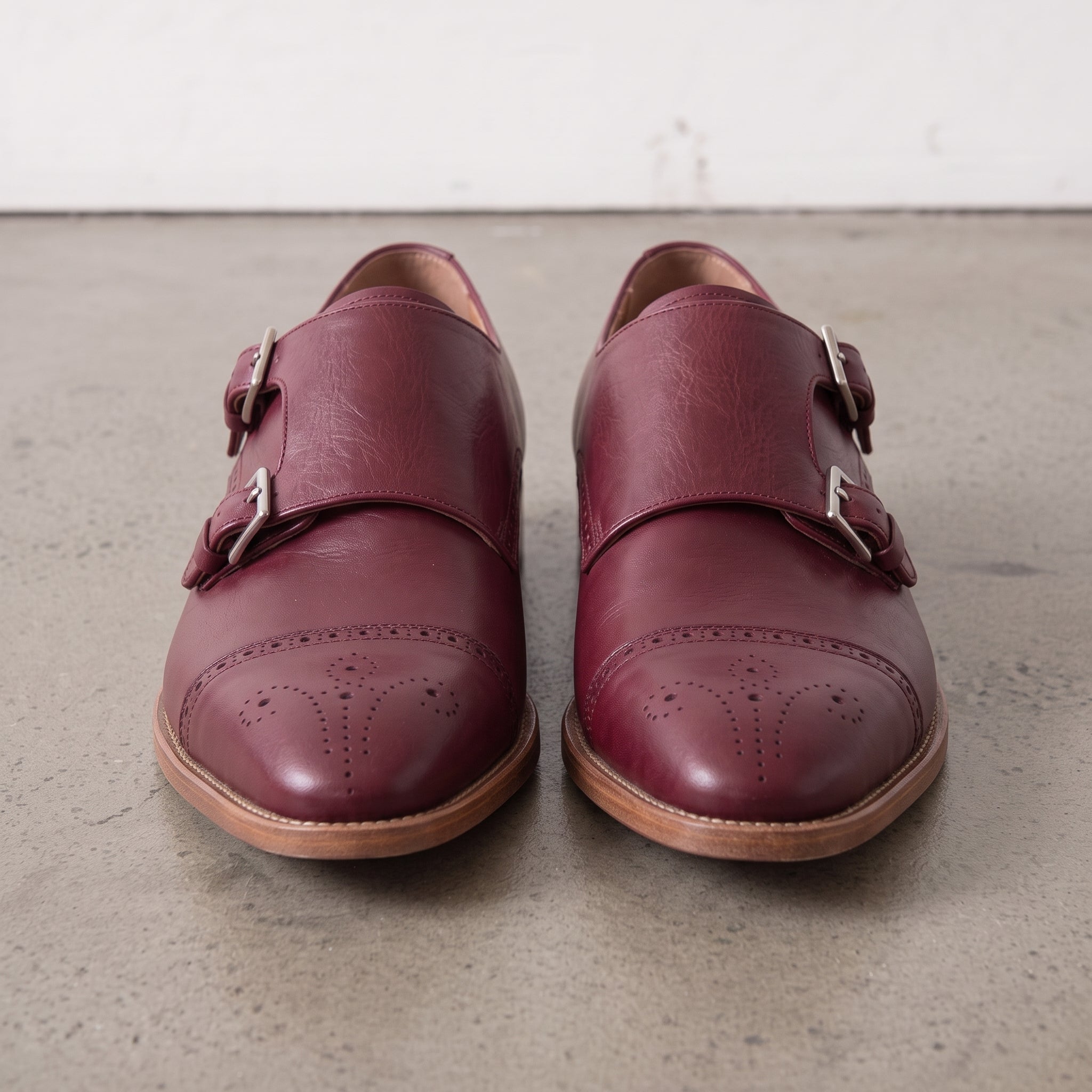 Men's Burgundy Cap-Toe Leather Double Monk Strap Shoes — Hitchley