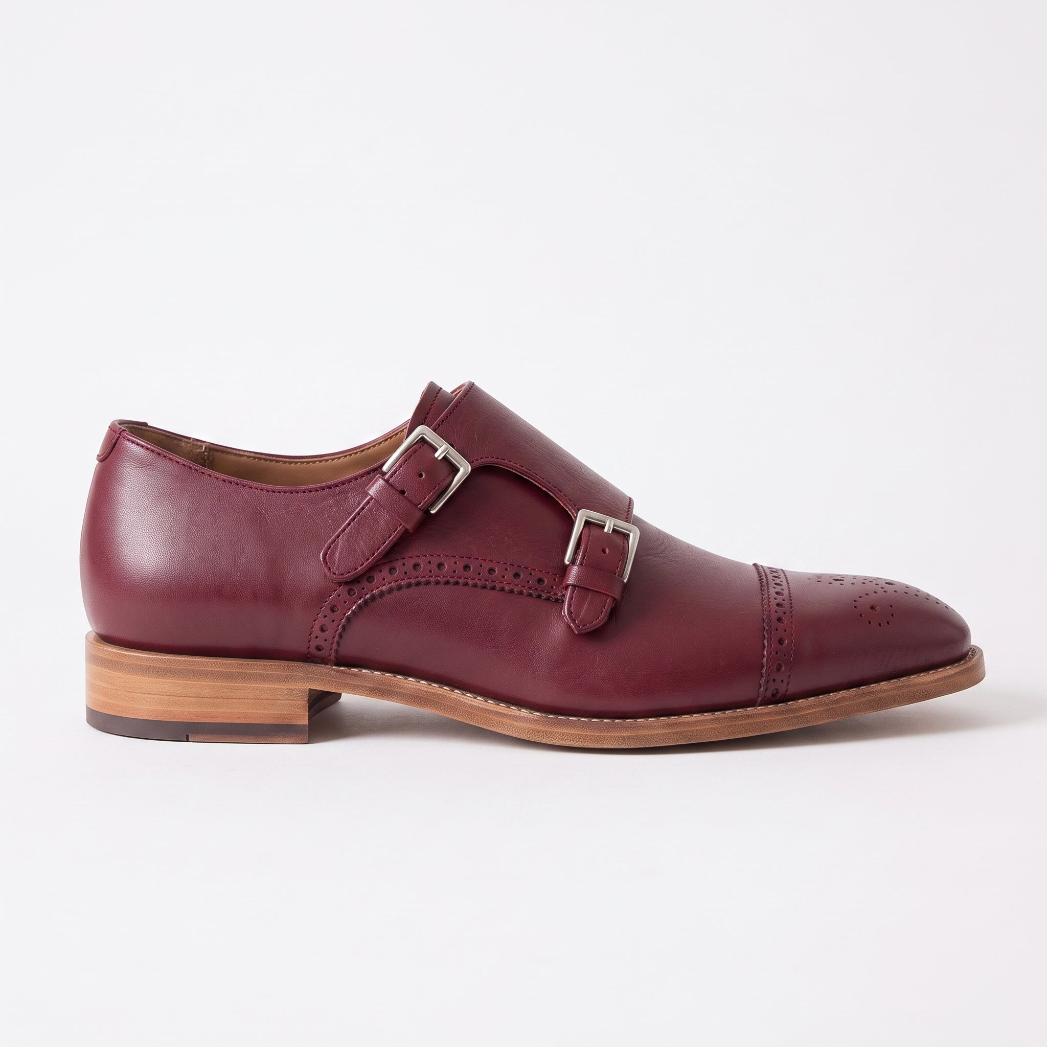 Men's Burgundy Cap-Toe Leather Double Monk Strap Shoes — Hitchley