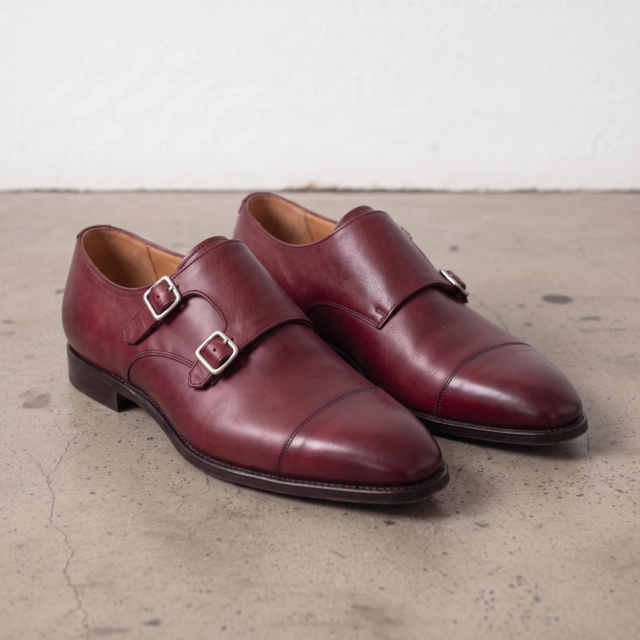 Men's Burgundy Cap-Toe Leather Double Monk Strap Shoes — Irlam