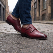 Men's Burgundy Cap-Toe Leather Double Monk Strap Shoes — Irlam