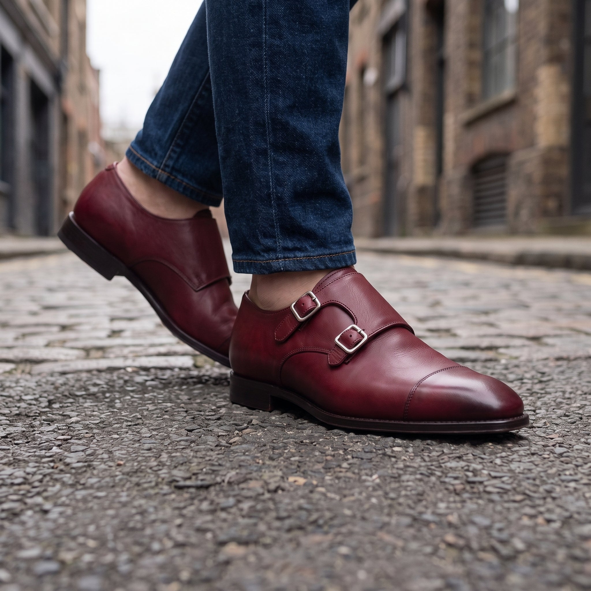 Men's Burgundy Cap-Toe Leather Double Monk Strap Shoes — Irlam