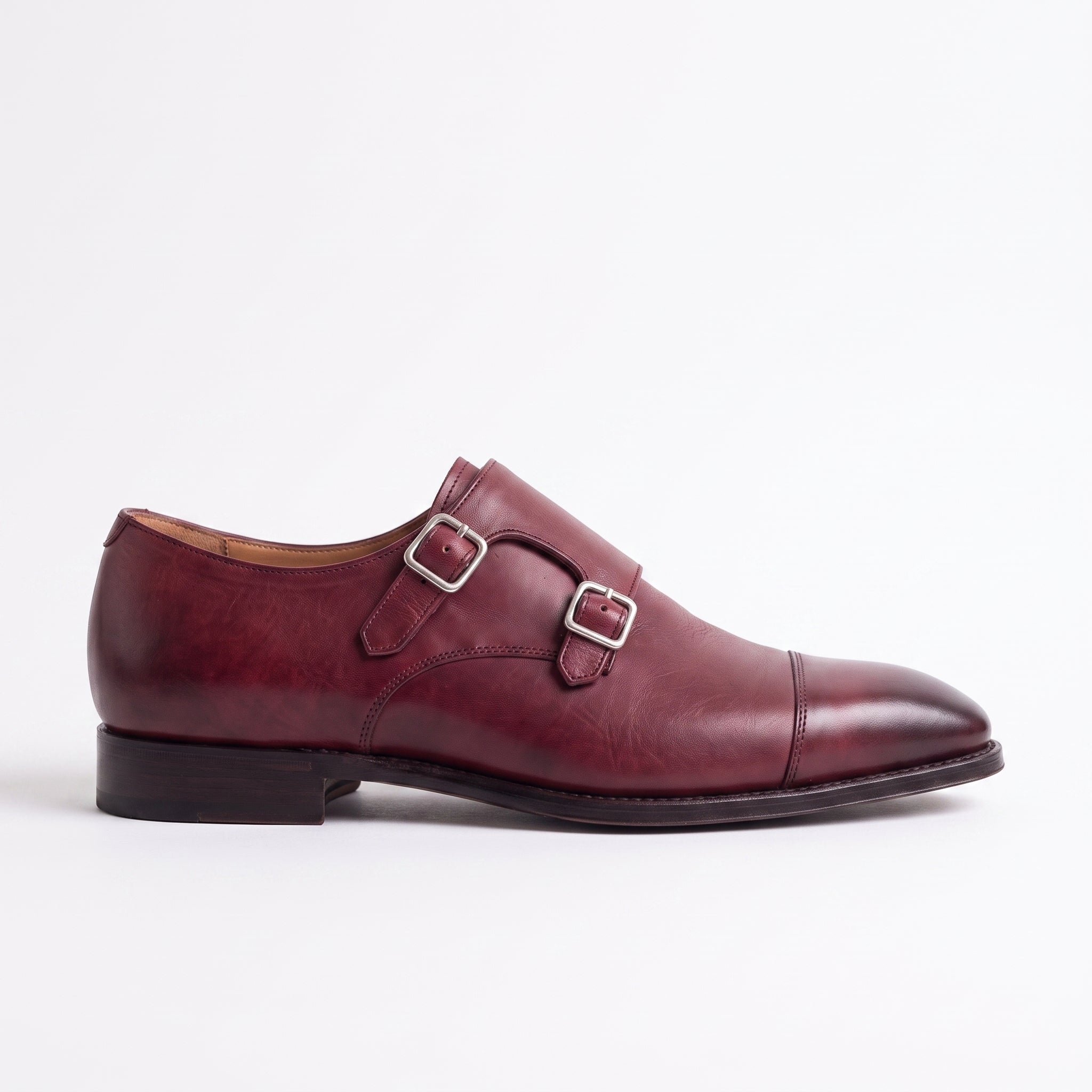 Men's Burgundy Cap-Toe Leather Double Monk Strap Shoes — Irlam