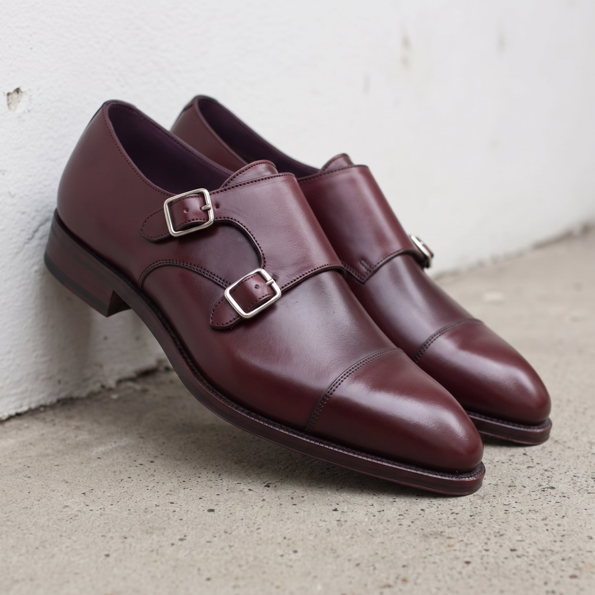 Men's Burgundy Cap-Toe Leather Double Monk Strap Shoes — Phillips — Phillips