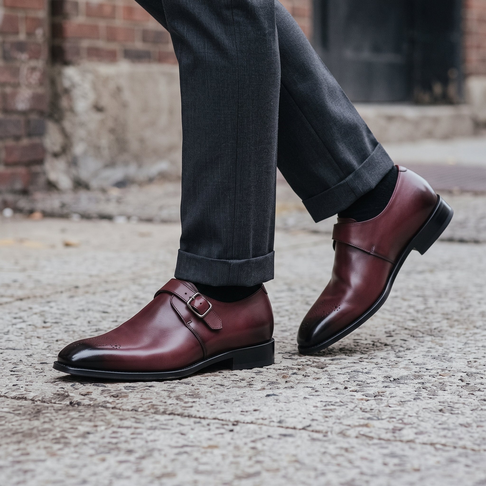 Men's Burgundy Cap-Toe Leather Monk Strap Shoes — Eckham